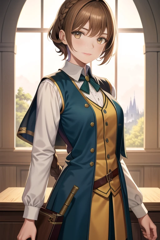 highres, high quality,fantasy, medieval Europe,European clothes,1girl,solo, chestnut brown hair,yellow eyes, teenager,short hair,closed mouth,anime, vest, braided short hair,medium breast,upper body,indoor,archer,