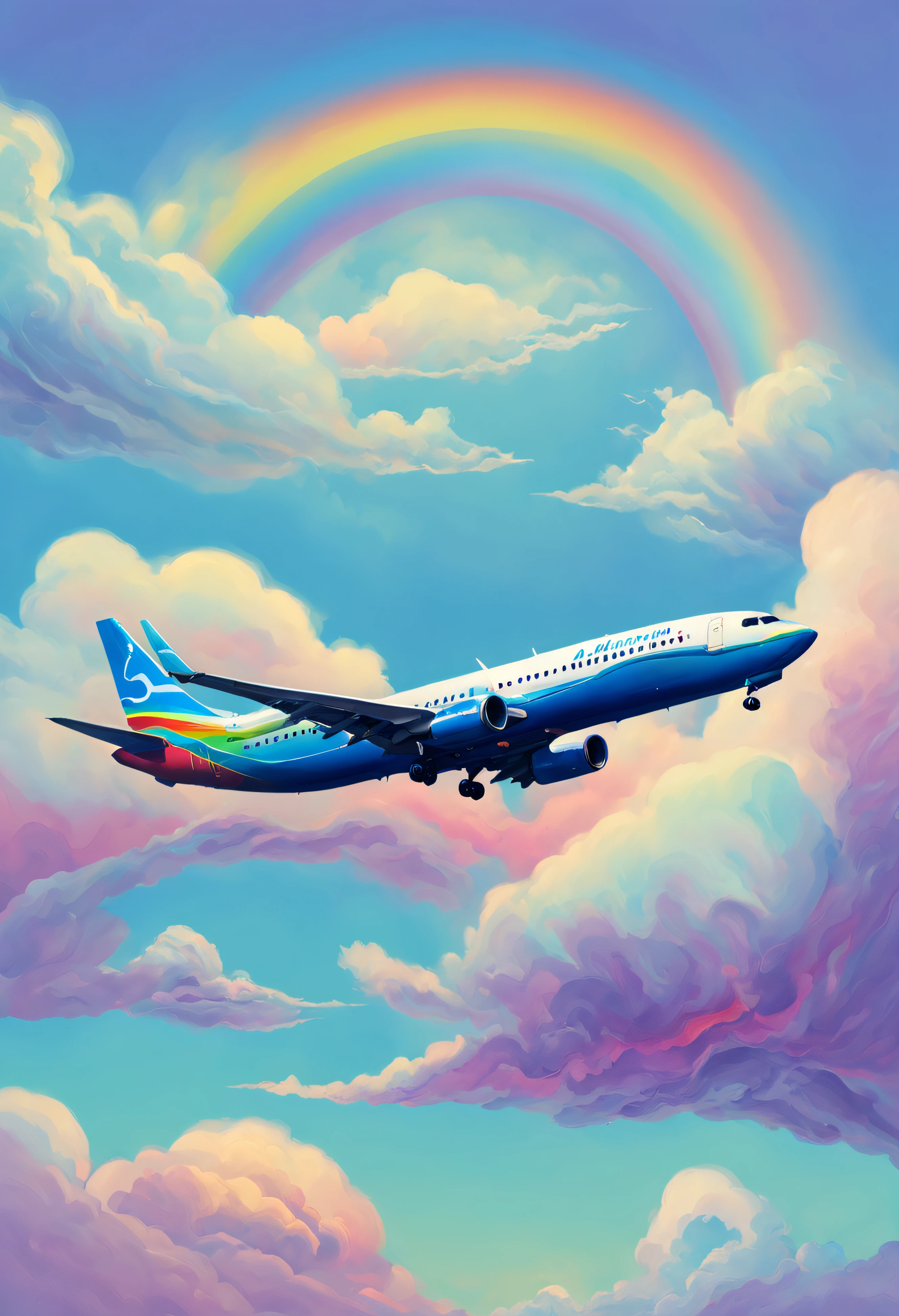 Close-up portrait of an airplane flying in the sky，737 Boeing aircraft，Xiamen Airlines painting，Xiamen Airlines logo，Clear rainbow clouds in the sky, stunning skies, stunning skies, Stunning rainbow colors, Vibrant iridescent colors, A very colorful paradise, Amazing reflections in the sky, Colorful clouds, Brilliant iridescent colors, Rainbow clouds, Rainbow clouds, Rainbow colors floating in the sky, Iridescent reflections, Gorgeous iridescent colors, Beautiful rainbow, Colorful sky, Rainbow falls from the sky、jetliner