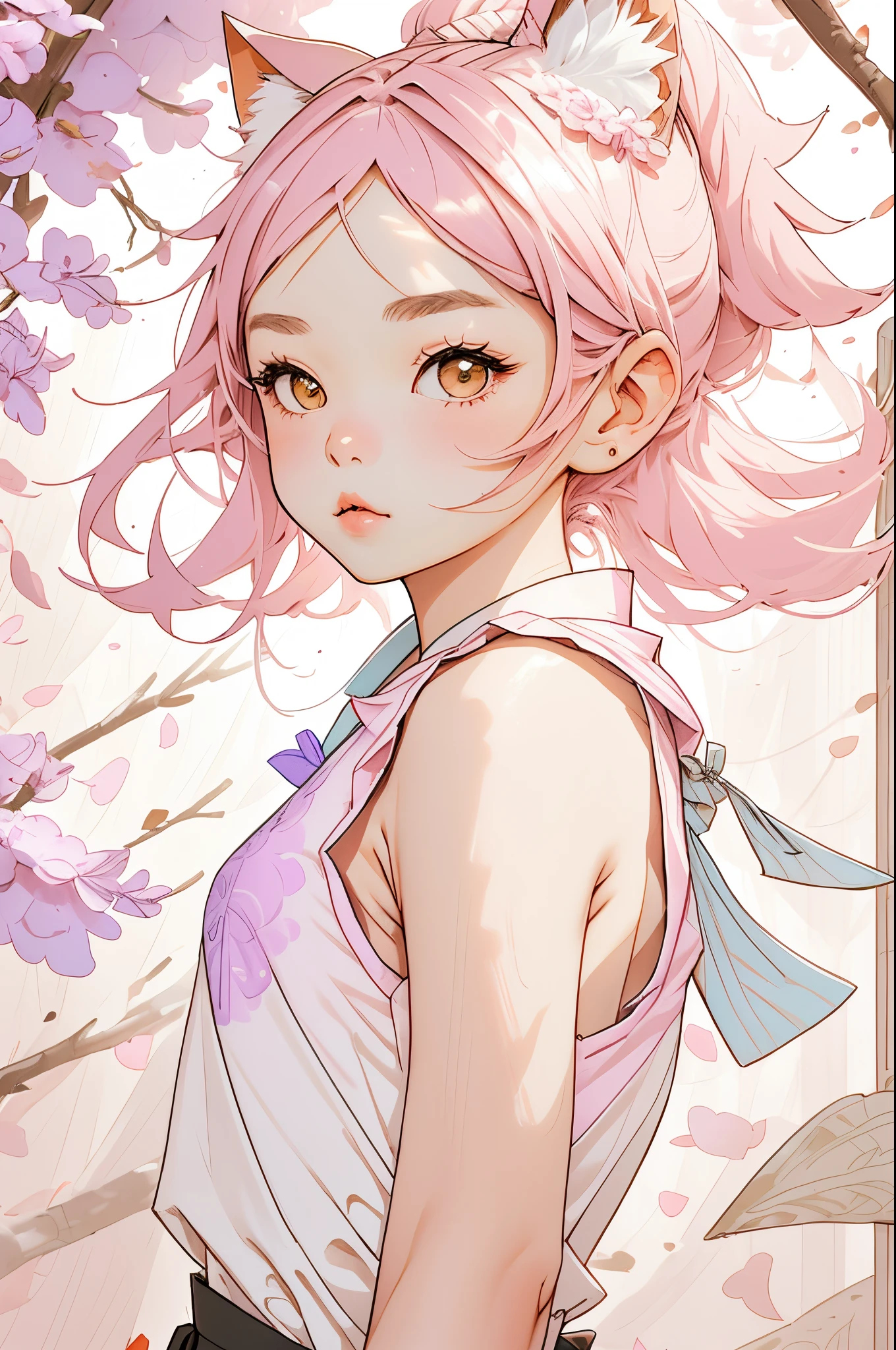 1girl, 独奏, Cute girl pastel color palette, Wisteria flower background, soft natural lighting, cat ears,  sleeveless shirt