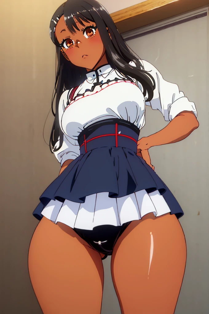 (best quality,highres,masterpiece:1.2),ultra-detailed, realistic, full body, nagatoro hayase, hairclip hair ornament, brown eyes, (dark skin, dark skinned female):1.2, black hair, (gyaru bimbo | bimbo gyaru, thin toned body, long legs, thick thighs, narrow waist), wide hips, beautiful detailed face, detailed body, detailed eyes, (high-waisted pleated red latex round skirt, tight white shirt tucked in, white thighhighs, heels)