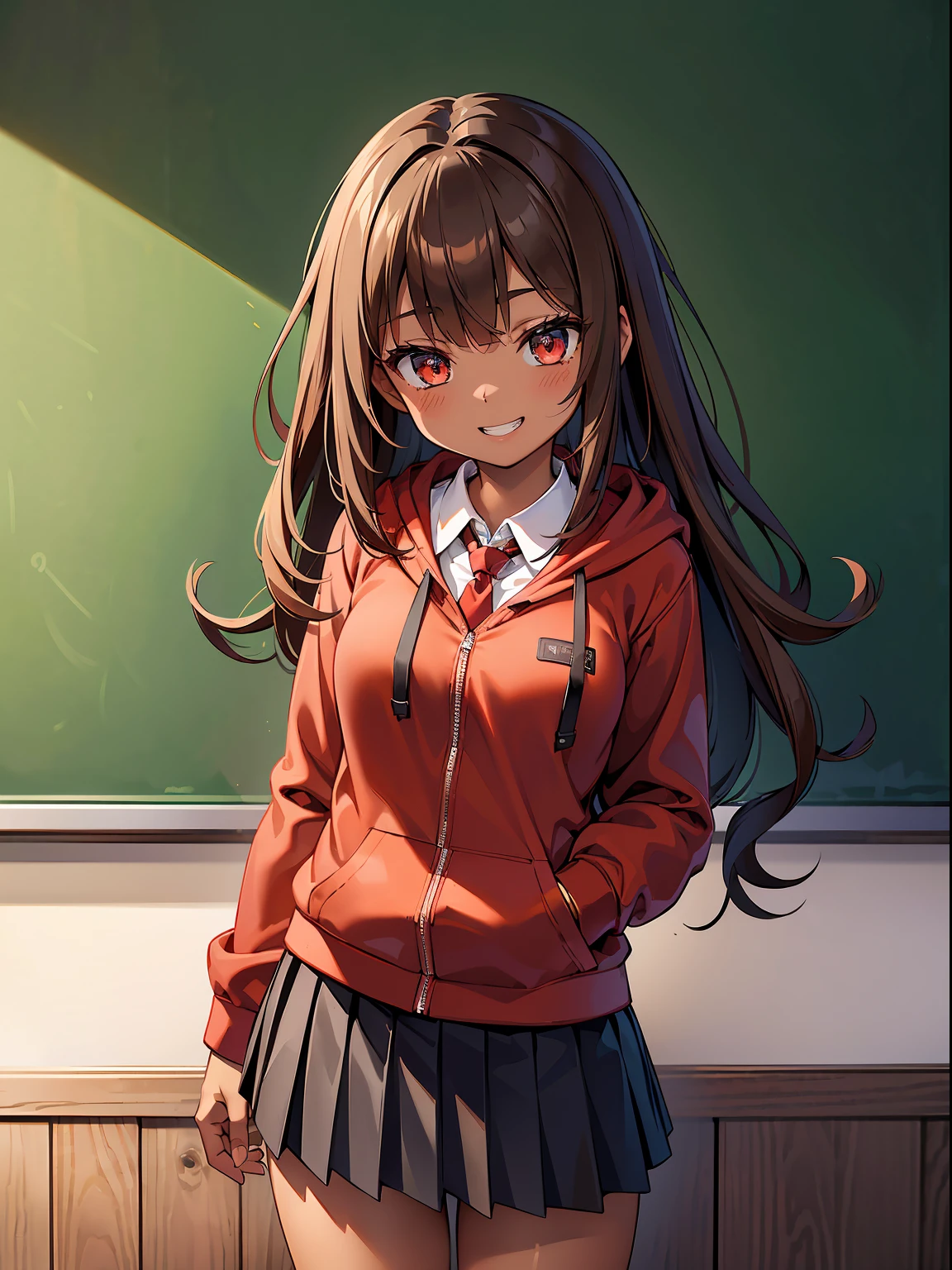 (RAW Photos, Best Quality), (animesque:1.2), (1 female gal), Absurd, awardwinning photo, Extreme Detail, very intricate,, Detailed face + Eyes, ((Brown hair, waved hair)), (The face is small), Beautiful eyes, long eyelashes, Clean double eyelids, slenderbody, ((Dark-skinned gal)), Has an aura, ((Red Hoodie, white shirt, red necktie, Black pleated skirt)), ((Smile through your teeth)), ((school classrooms, In front of the blackboard, Lean)), Full body portrait, Realistic, Highly detailed, Photography, masutepiece, High quality, High quality, hight resolution, Professional Lighting, (glistning skin:0.9),