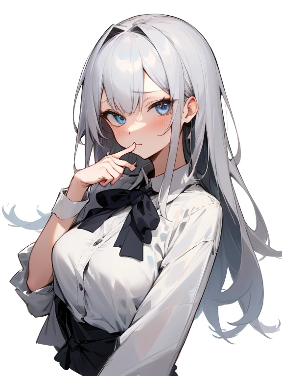 (Finely detailed, distinct image, Hyper-Resolution, Very surprising details, awesome details), Subsurface scattering, best ratio four finger and one thumb, masutepiece, Maximum ease of use, high_quality, Upper body, 1girl in, Solo, (White background:1.3), ( Background:1.3), Long hair, Gray hair, *//*, Blue Eye, *//*, White blouse, Looking at Viewer,