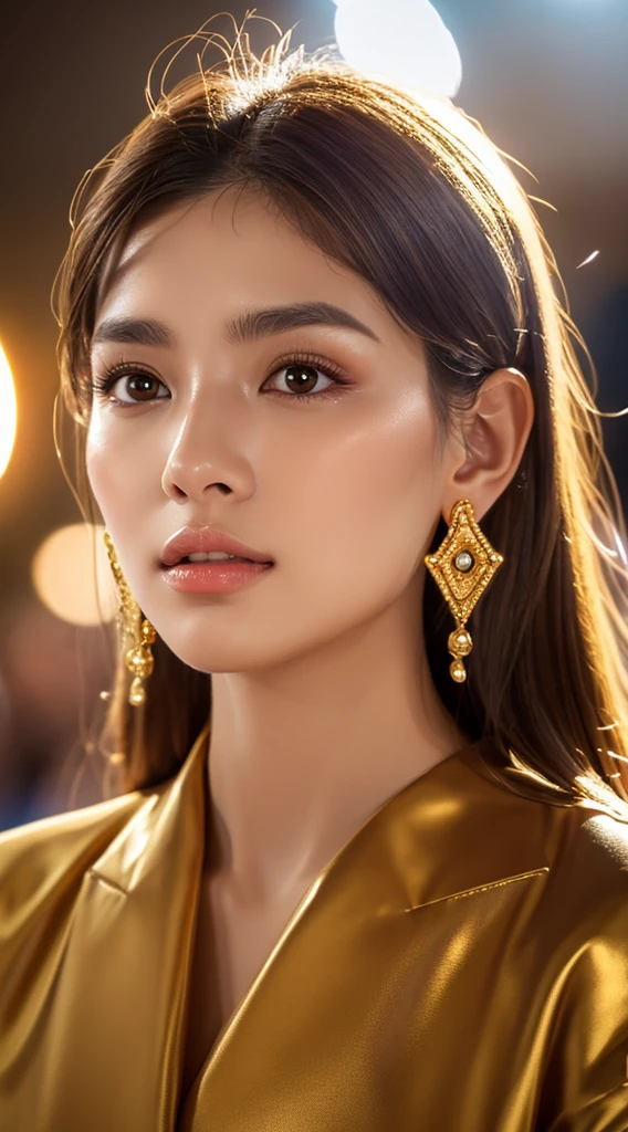 extremely detailed cg unity 8k wallpaper,(masterpiece),(bestquality),(ultra-detail),(ultra realistic),(Best character details:1.2),dynamic angle,Professional lighting, photons mapping, radiosity, Physically Based Rendering,Blush,Gold Proportion,(oily shiny skin),Makeup,(Full body: 1.2),looking at the audience,1girls, earrings, bara, jewelry, long_hair, lips, Realistic, Brown_eye,bestquality