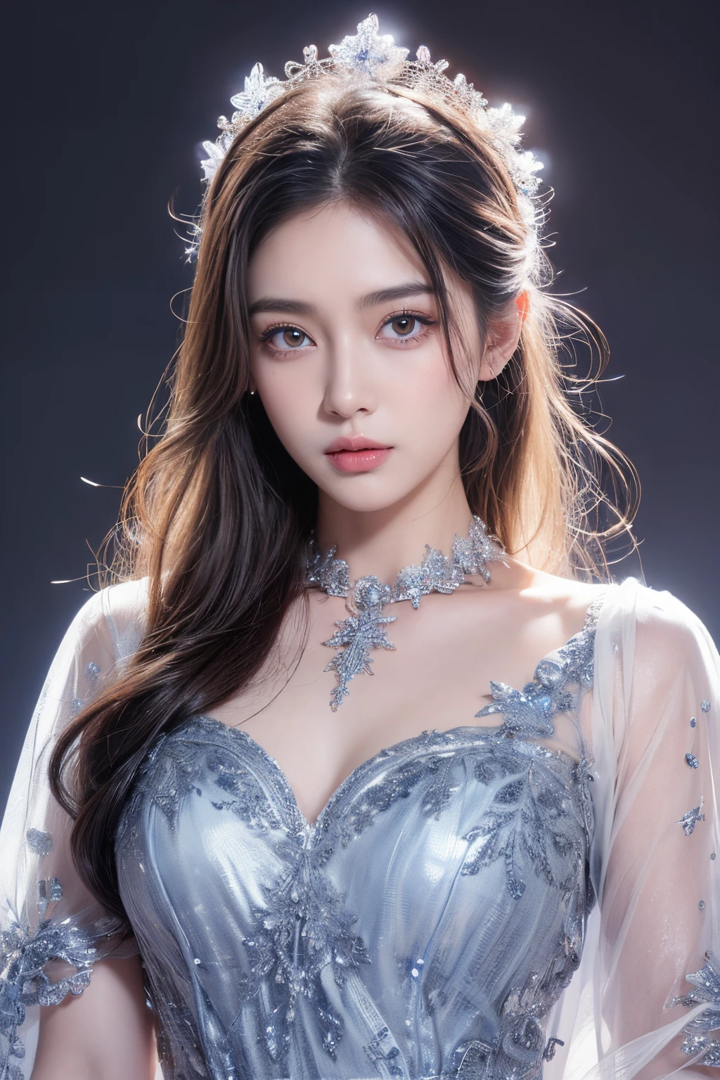 (Best quality at best:1.4), (tmasterpiece:1.4), 超高分辨率, 8K, CG, Exquisite, The upper part of the body, Solitude, Thumbelina, Little princess, Blue taffeta court dress, Snowflake background, detailedfacialfeatures, Silver-gray hair, almond eyes, intricate eye makeup, Long eyelashes, gray eyes and starry gaze, Intricate lip details, Soft and harmonious style