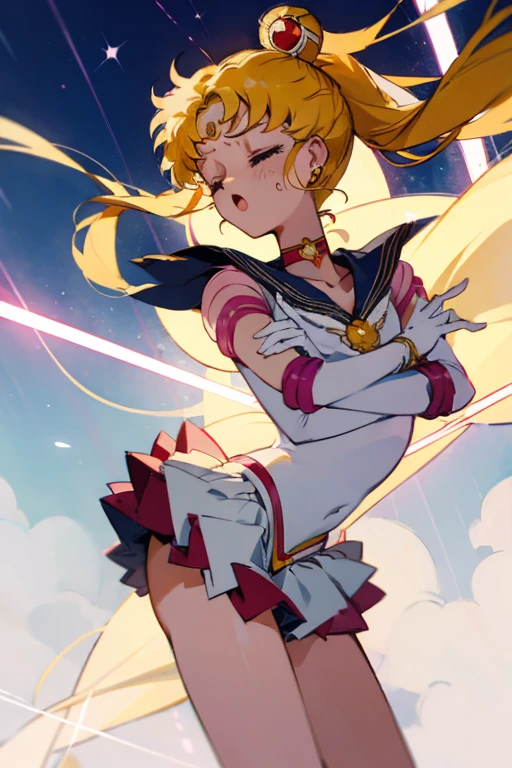solo, eternal sailor moon, closed eyes, :o, tottering, tilt head, pain, suffering, moaning, struggling, lightning, torn clothes, tearing clothes, torn skirt