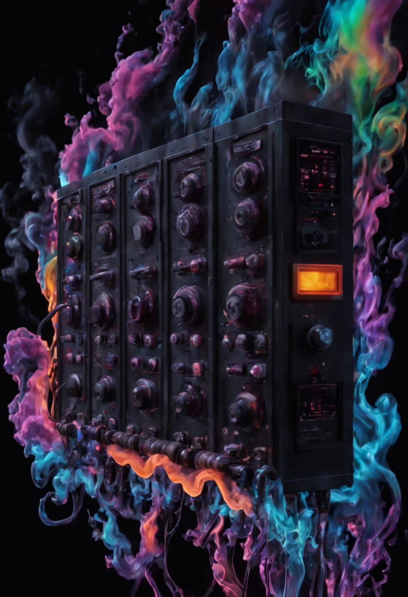 photorealistic movie still of a water, Electrical Panel, smoke, no humans, black background, liquid, gradient background, 10k high resolution, psychedelic trip,