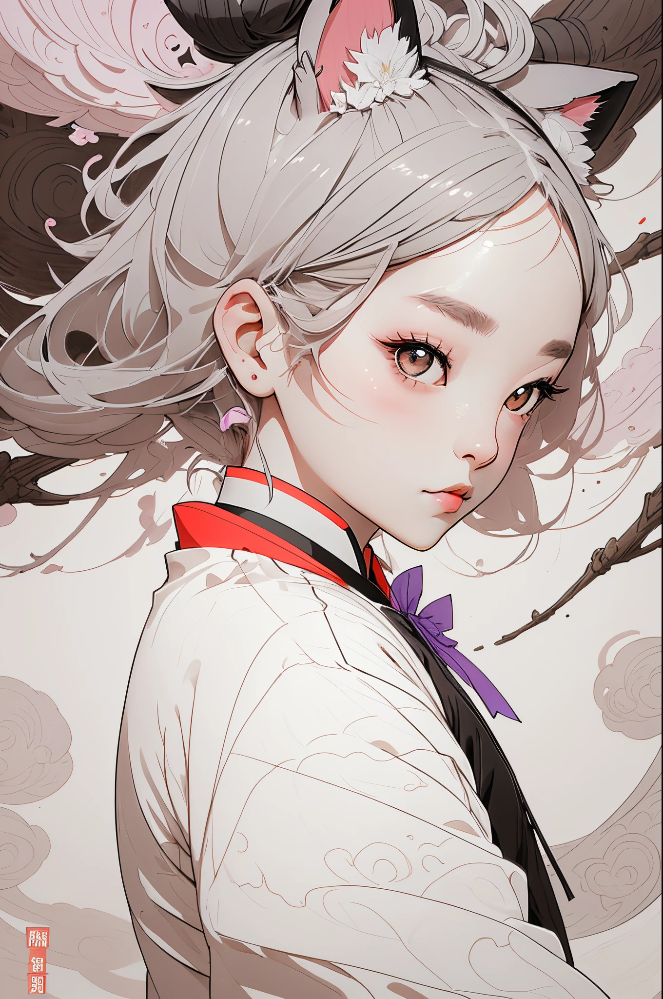 1girl, 独奏, Cute girl surrealism monochrome pastel palette Wisteria flower background, soft natural lighting, cat ears