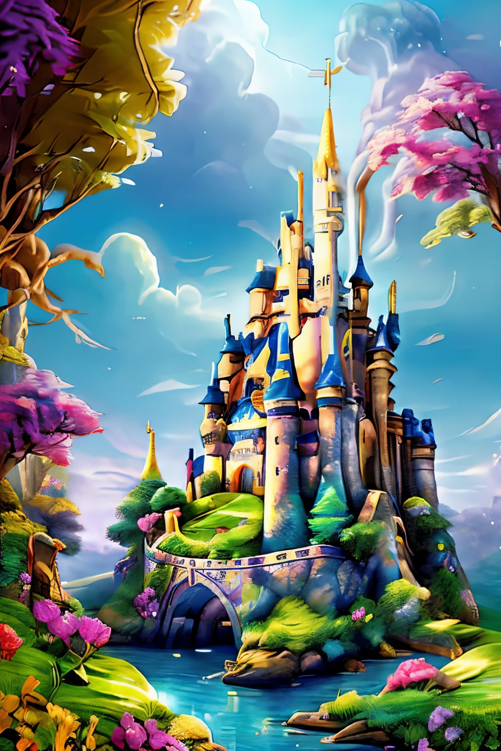 Create a captivating visual of a magical land with a brave and kind prince named Oliver. Use vibrant colors and fantastical elements to set the enchanting tone.