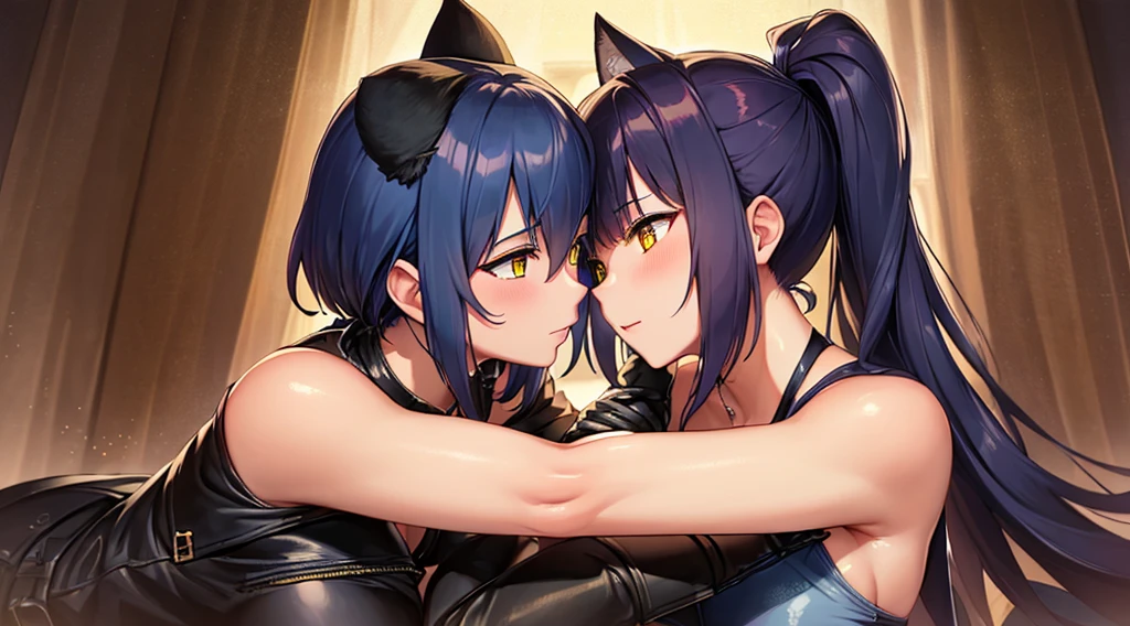 Two milf hugging each other romantically,Ch'en and Talulah(from Arknights,Ch'en has a blue hair while Taluah has a grey hair,both have dragon horn),sfw,curvy body