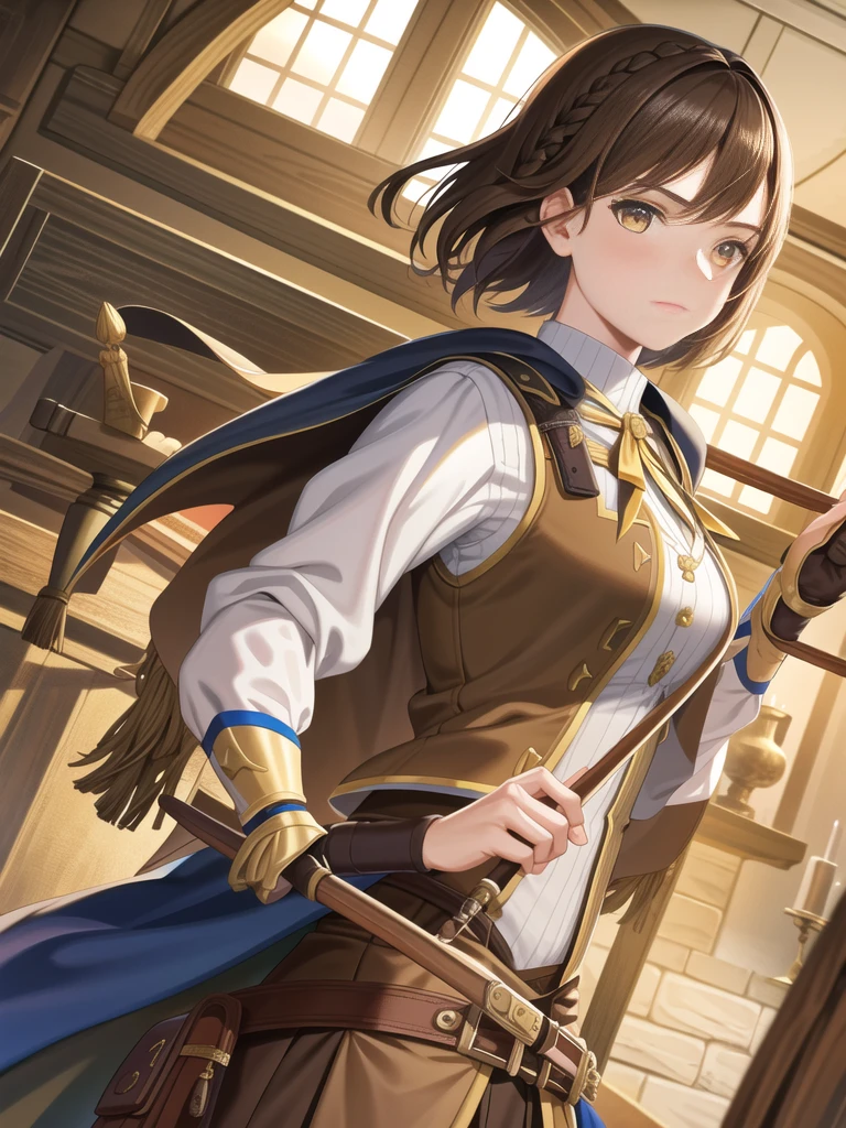 highres, high quality,fantasy, medieval Europe,European clothes,1girl,solo, chestnut brown hair,yellow eyes, teenager,short hair,closed mouth, vest, braided short hair,medium breast,upper body,indoor,archer,best quality,hyper detailed,armor,