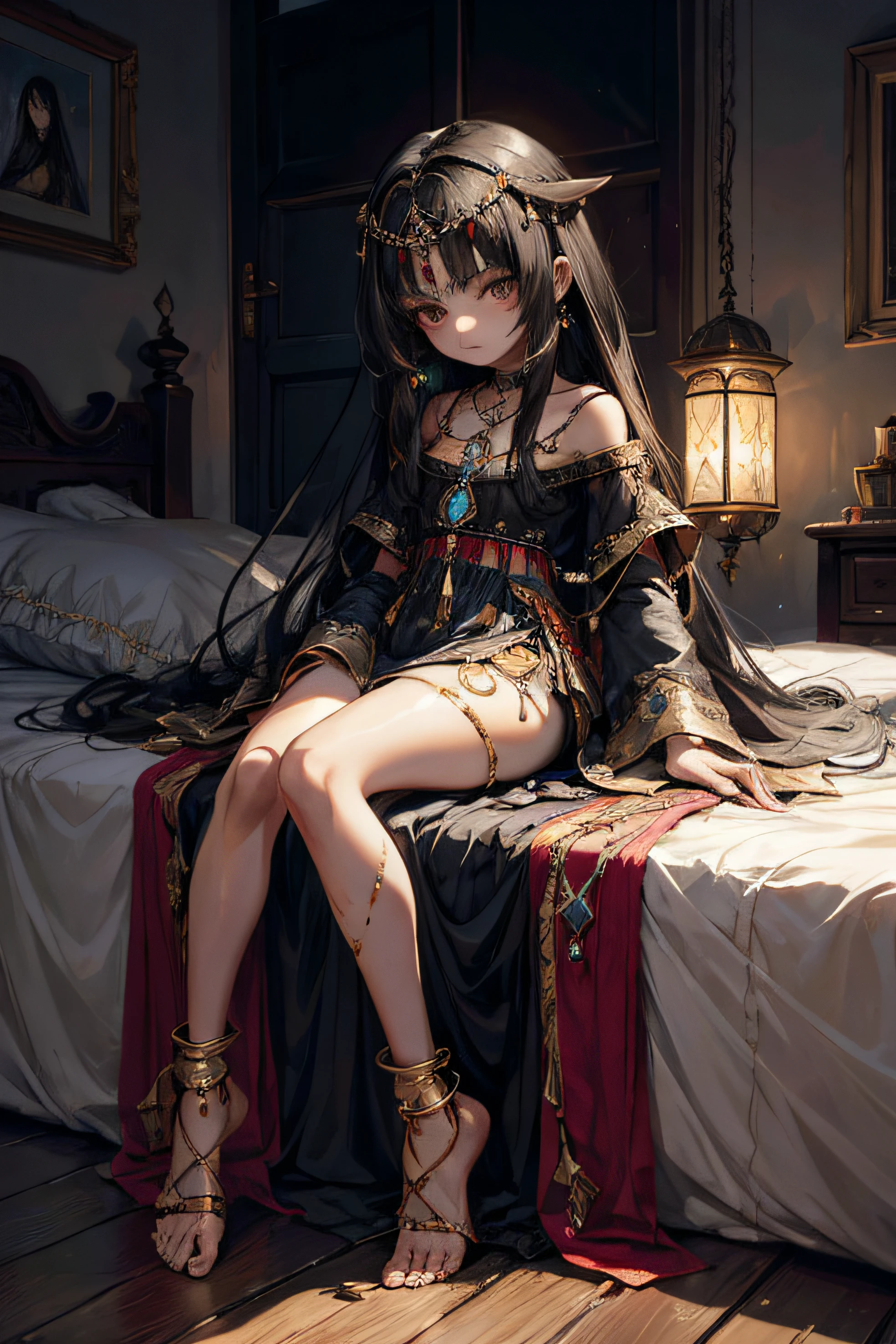 Sick girl,beautiful middle eastern folk costumes,5 girl,girl sitting on bed in dark room,long bangs covering the eyes,long,A dark-haired,deadpan,jewely,outside of house,hair adornments,Pendants,jewely,Full body painting,gypsy,Brown-skinned,Open both legs,,