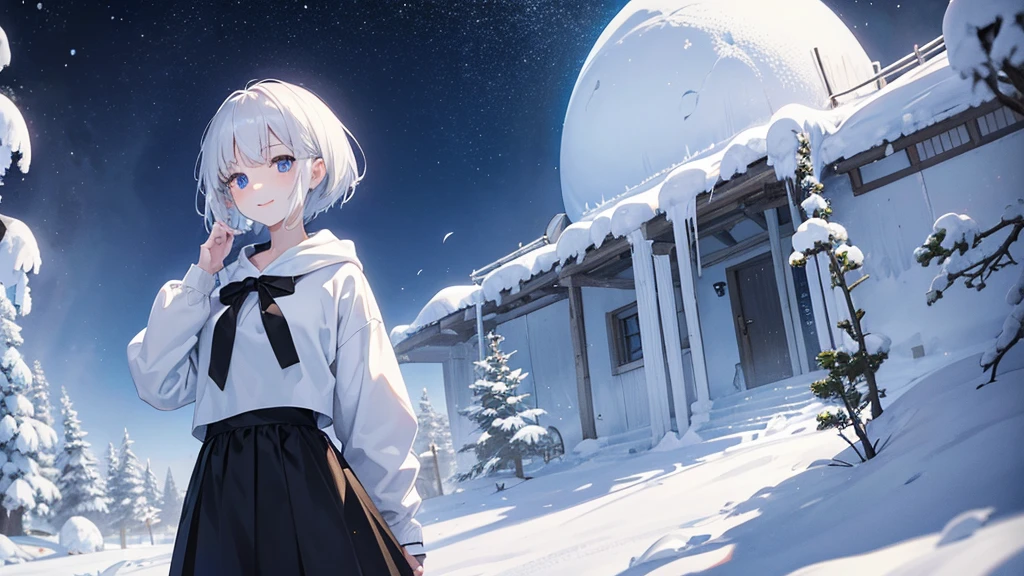 Look at viewers, hands behind back, girl with, 20 years old, Very short hair, long bangs between eyes, pale blue eyes, Skirt , 独奏、White hair、Black eyes、A smile、White skin as clear as snow、Fantastical, Silver hair, Black eyes, White hoodie,a black skirt,Hair is short,Fine details,snowscape,White muffler,blue open sky