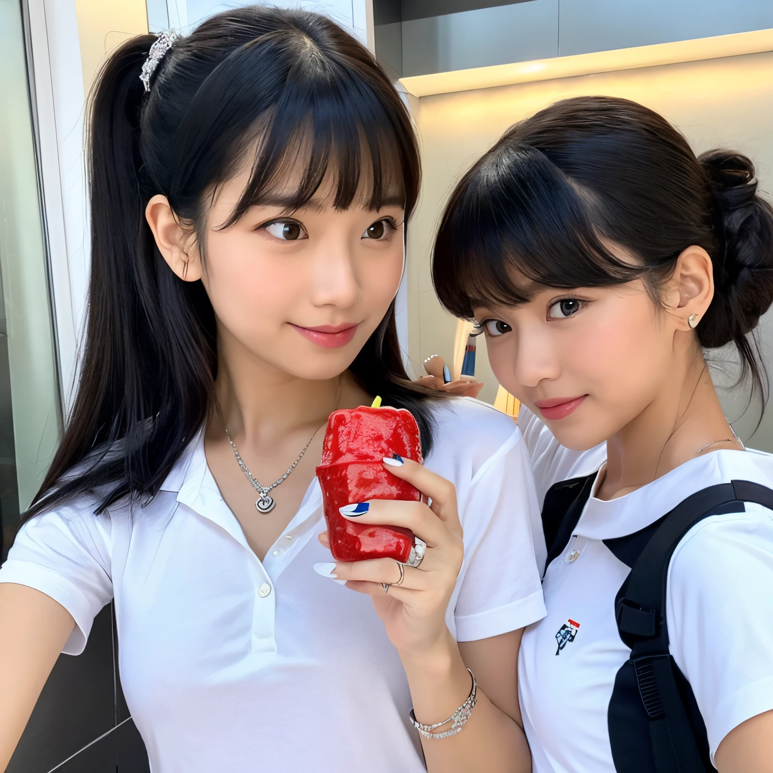 Two Disney Pixar-style girls are wearing a piece and taking a selfie. The girl on the left has bangs and a black ponytail, is wearing white innerwear, black short sleeves, and a thin silver necklace, and the girl on the right is wearing a black ponytail. Has bangs and shoulders-length hair, and wears a white short-sleeved shirt.