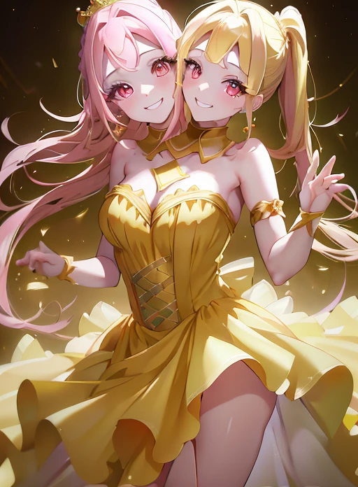 (best quality), (high quality), (detailed), (masterpiece), good artist, 1girl, (2heads:1.5), 1girl, smiling, yellow princess dress, princess, pink eyes, different emotions, blonde hair, ponytail, identical hair color, tiaras