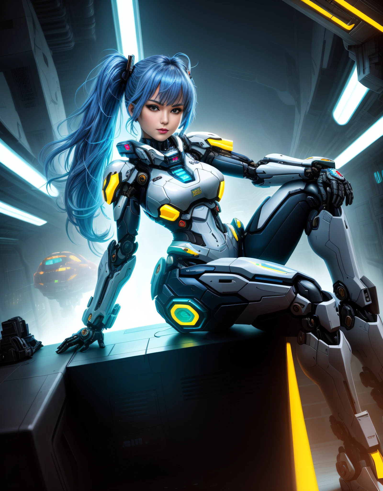 "Masterpiece in maximum 16K resolution, combining Super Metroid, Mecha, and The Walking Dead styles. | A captivating 30-year-old woman, dressed in an all-white Mecha_Musume outfit adorned with blue and gold accents. The snug-fitting attire provocatively highlights her curves. Her short, blue hair with a large fringe over the right eye is complemented by two cybernetic pigtails emitting neon lights. | The protagonist, with a fixed and diabolical gaze, directly confronts the viewer, sporting a bold and malicious smile. | The scene unfolds in a futuristic aircraft filled with intricate machinery, large computers, luminous pipes dripping acid, slimes, and imposing laser cannons. | Composition strategically focuses on the Mecha_Musume woman, emphasizing her intense expression and the sci-fi environment around her. | Cinematic lighting effects intensify the nuances of Super Metroid, Mecha, and The Walking Dead, creating a unique atmosphere. | Captivating scene of a 30-year-old Mecha_Musume woman, blending distinct and provocative styles | The camera, positioned close to the character, reveals intriguing details as she adopts a dynamic pose, interacting with the technologically advanced environment. Dynamic tilts and leans add life to the composition. | (perfect_pose), She is adopting a ((dynamic_pose as interacts, boldly leaning on a large structure, leaning back in a dynamic way):1.3), (perfect_hands), (perfect_fingers), (perfect_legs), (better_hands), Big, ((full body)), More Detail."