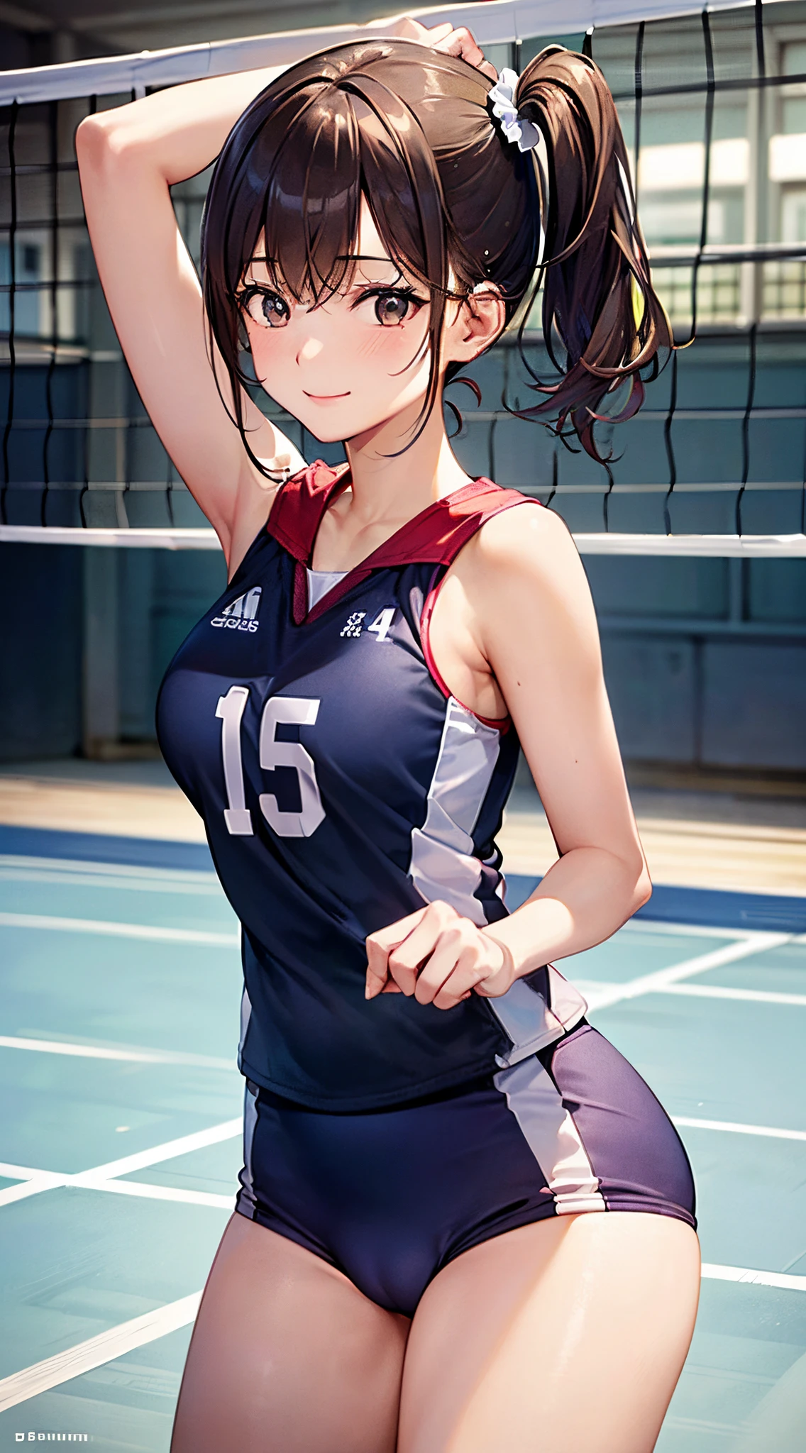 ((((perfect anatomy, anatomically correct, super detailed skin)))), 1 girl, japanese, 16 years old, volleyball player, shiny skin, watching the view, 
 beautiful hair, beautiful face, beautiful detailed eyes, brown eyes, (middle hair:1.4, side ponytail:1.7), babyface, mole under eye, 
 beautiful collarbones, beautiful body, beautiful breasts, beautiful thighs, beautiful legs, large breasts:0.5, seductive thighs, cameltoe, bare arms, bare hands, bottomless, 
 ((symmetrical clothinetallic)), (((buruma), sleeveless volleyball uniform)), break, 
 smile, volleyball playing pose, sexy pose, 
 (beautiful scenery), evening, day, ((volleyball gymnasium, volleyball cort)), 
 (8k, top-quality, masterpiece​:1.2, extremely detailed), (photorealistic:1.2), beautiful illustration, natural lighting,