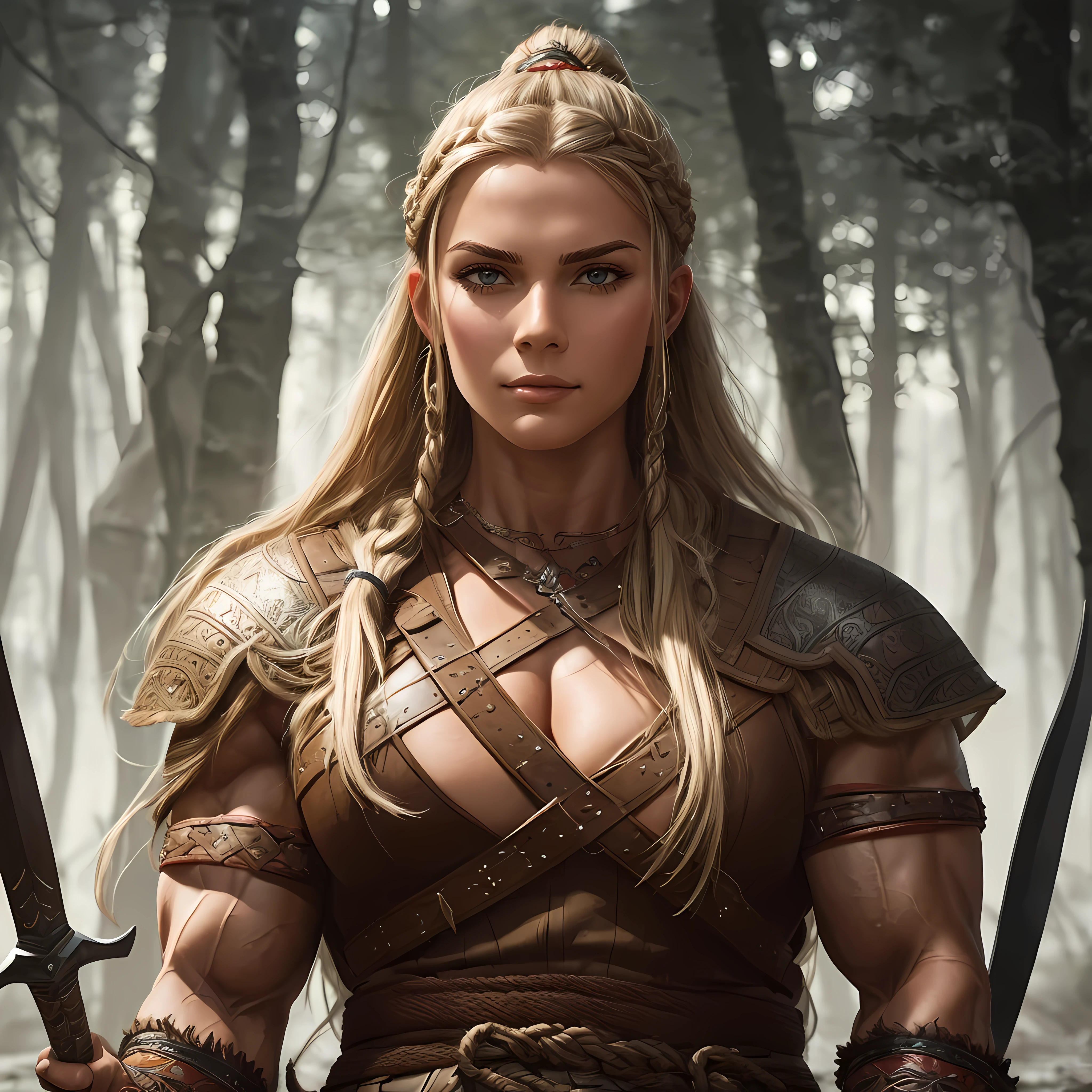 A stunning intricate full color portrait of (sks woman:1) as (viking warrior), ((barbarian)), (((huge muscles))), epic character composition, by ilya kuvshinov, alessio albi, nina masic, sharp focus, natural lighting, subsurface scattering, f2, 35mm, film grain