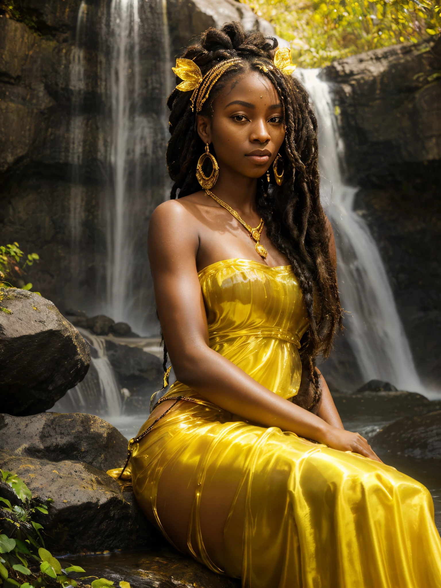 A portrait of a stunning ebony goddess, with braided hair and wearing only golden jewelry and a translucent golden adornment to cover her slender body, gracefully posing in front of a majestic waterfall.