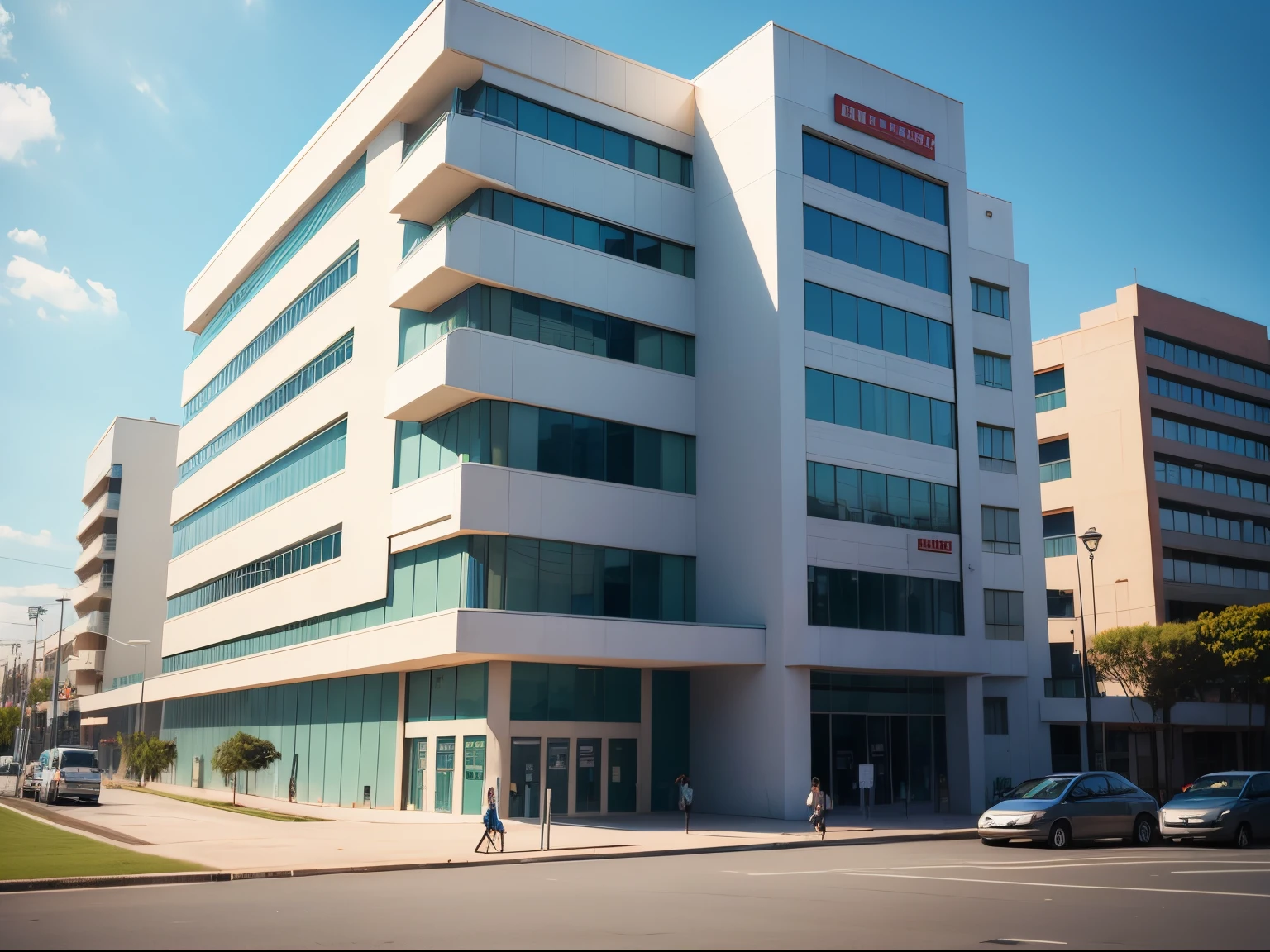 Fachada de um hospital. Imagem realista, de alta qualidade.