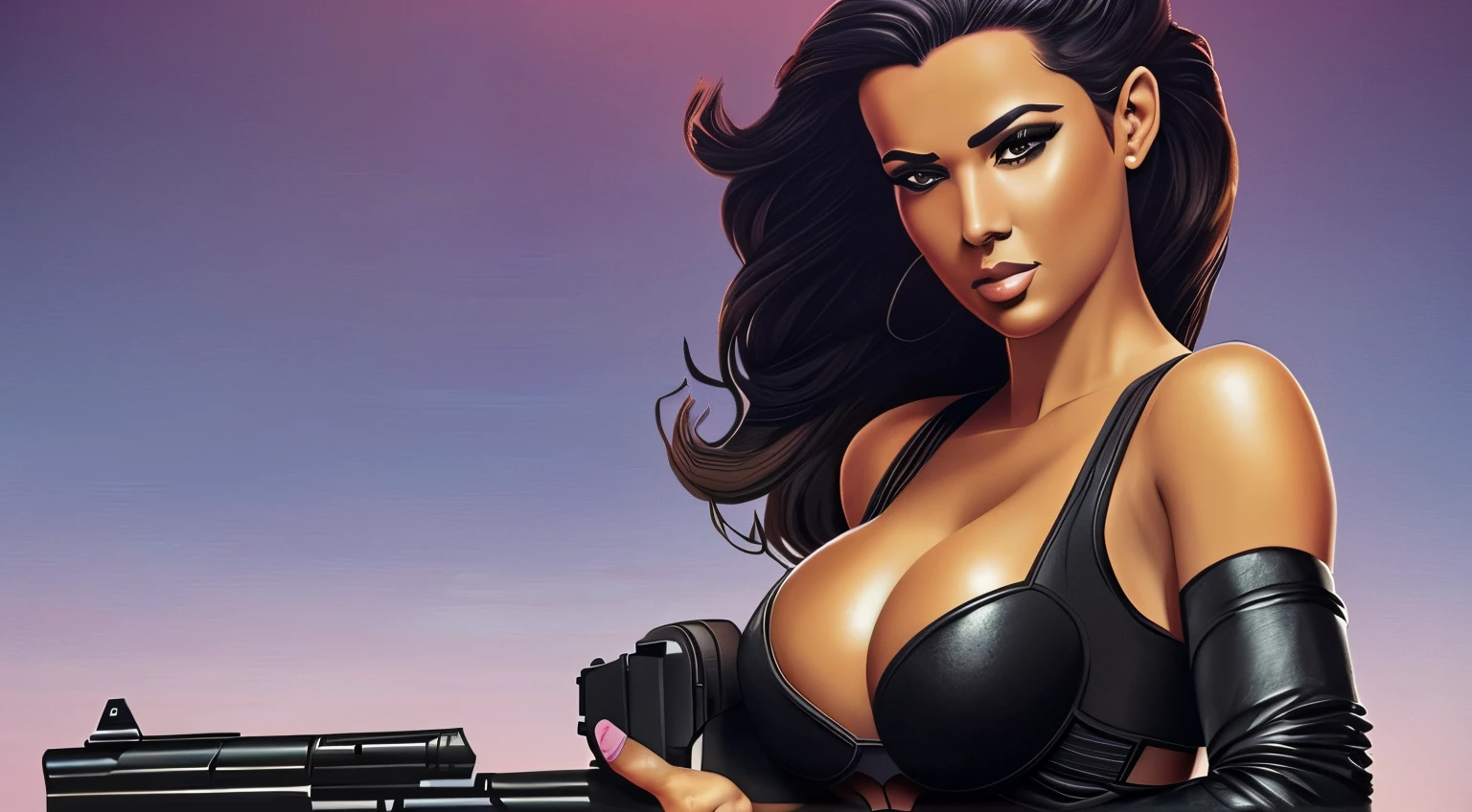 mulher guerreira, sexy , vestida de couro preto, With guns in hand. High-resolution imagery, e pintura perfeita. Cores de fundo neon, perfeitamente opacas, corpos bem delineados, mulheres muito bonitas, perfect image resolution. arma mais a ver- se na imagem, cores de fundo estilo synthwave, a pele da mulher dev ser o mais realista possivel.