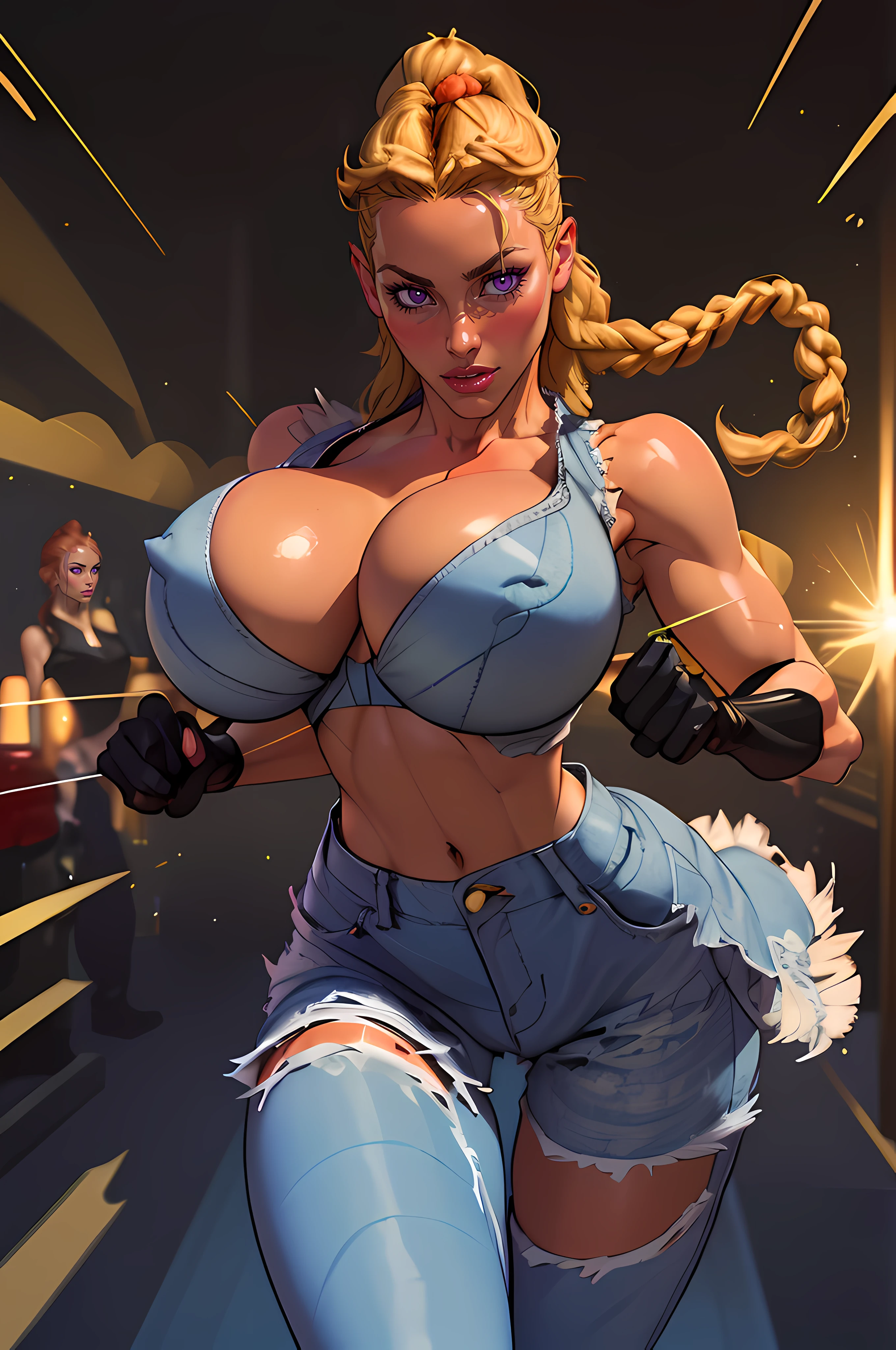 (((1 girl,  cute, (gigantic breasts:1.2), sleeveless denim jacket, black lace bra, jeans, black elbow Gloves, strawberry blonde long hair, braided hair,  box braids, blue eyes))), (((strawberry blonde hair))), 
dynamic poses, realistic style, depicting a group of characters in various action scenes, from intense battles to lighthearted moments, with dramatic speed lines and bold sound effects, capturing the excitement and energy of the story, Laser rays from the palm of hand, Attack forward with palm, temple, japan,