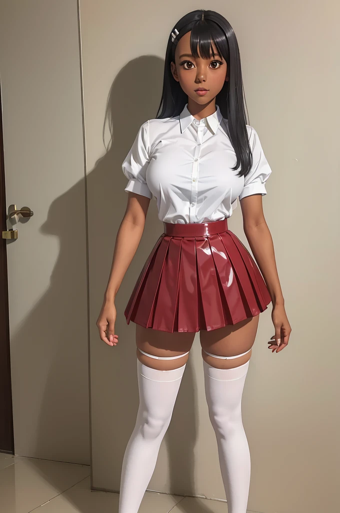 (best quality,highres,masterpiece:1.2),ultra-detailed, realistic, full body, nagatoro hayase, hairclip hair ornament, brown eyes, (dark skin, dark skinned female):1.2, black hair, (gyaru bimbo | bimbo gyaru, thin toned body, long legs, thick thighs, narrow waist), wide hips, beautiful detailed face, detailed body, detailed eyes, (high-waisted pleated red latex round skirt, tight white shirt tucked in, white thighhighs, heels)