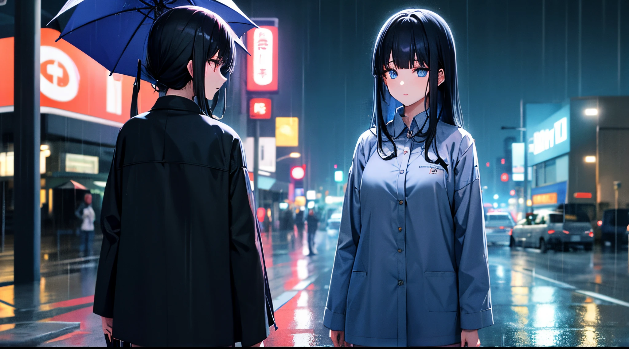 Anime girl, The front  hair is black and the back is green, vocational school clothes in Indonesia, glowing blue eyes, Tokyo city background at night, hand k Anan holding a smartphone, left hand holding a wet umbrella, It was dark and rainy around. The girl's eyes shone slightly,