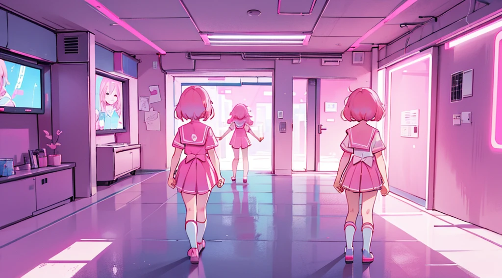 (back view of two girls, pink hair, sailor suit, holding hands) , (pink cyberpunk room, pink neon)