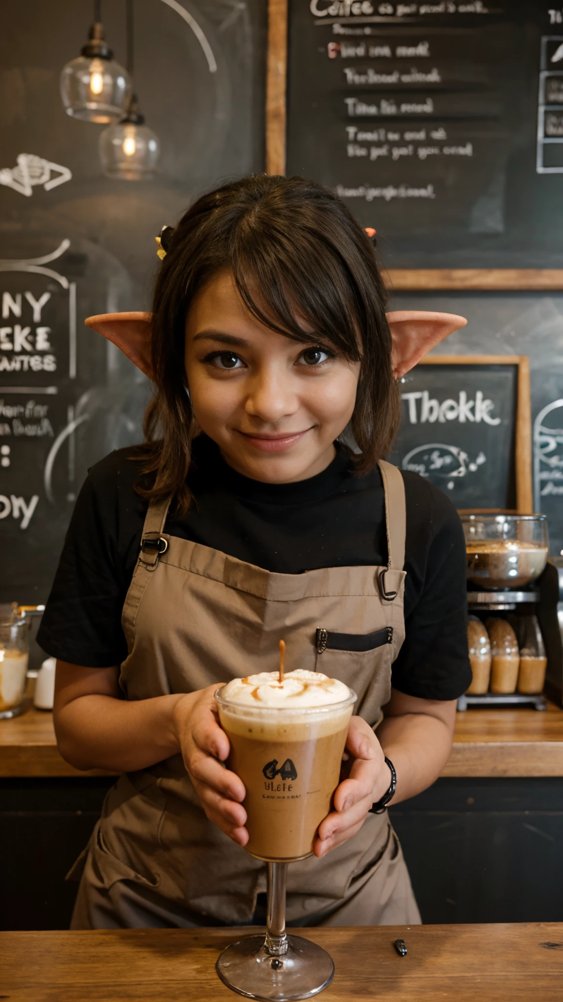 An anthropomorpic goblin working at a cafe