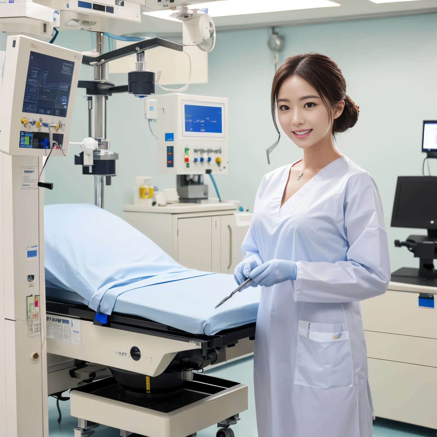 ((top-quality、masutepiece、8K、Top image quality、Hyper-Realism))、1 beauty、perfect surgical clothes、de pele branca、Smile at me、Perfect makeup、perfect operating table、Chignon、perfect anatomia、woman standing next to the operating table、complex precision machinery、bulging chest、lots of real surgical instruments、(A pure white operating room in a hospital:1.2)、(A room where everything is white:1.3)、Pure white walls、Pure white floor、pure white precision machinery