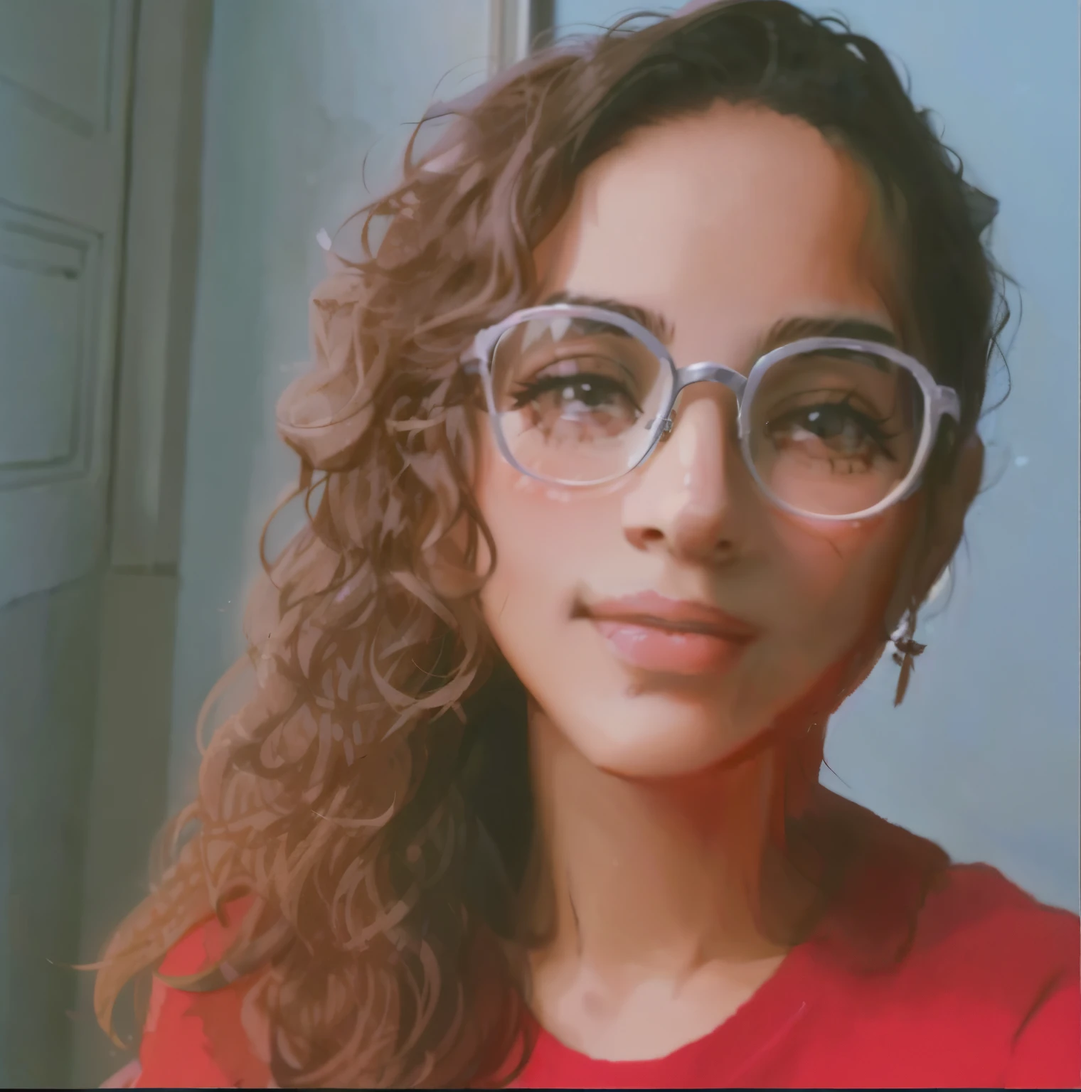 There's a woman in glasses and a red shirt posing for a photo, Mulher de 30 anos de Cuba, Parece Fabiula Nascimento, imagem de perfil, taken in the early 2020s, com cabelos ruivos cacheados, selfie de uma jovem mulher, foto de perfil headshot, foto do perfil, Anos Imane, foto da mulher jovem