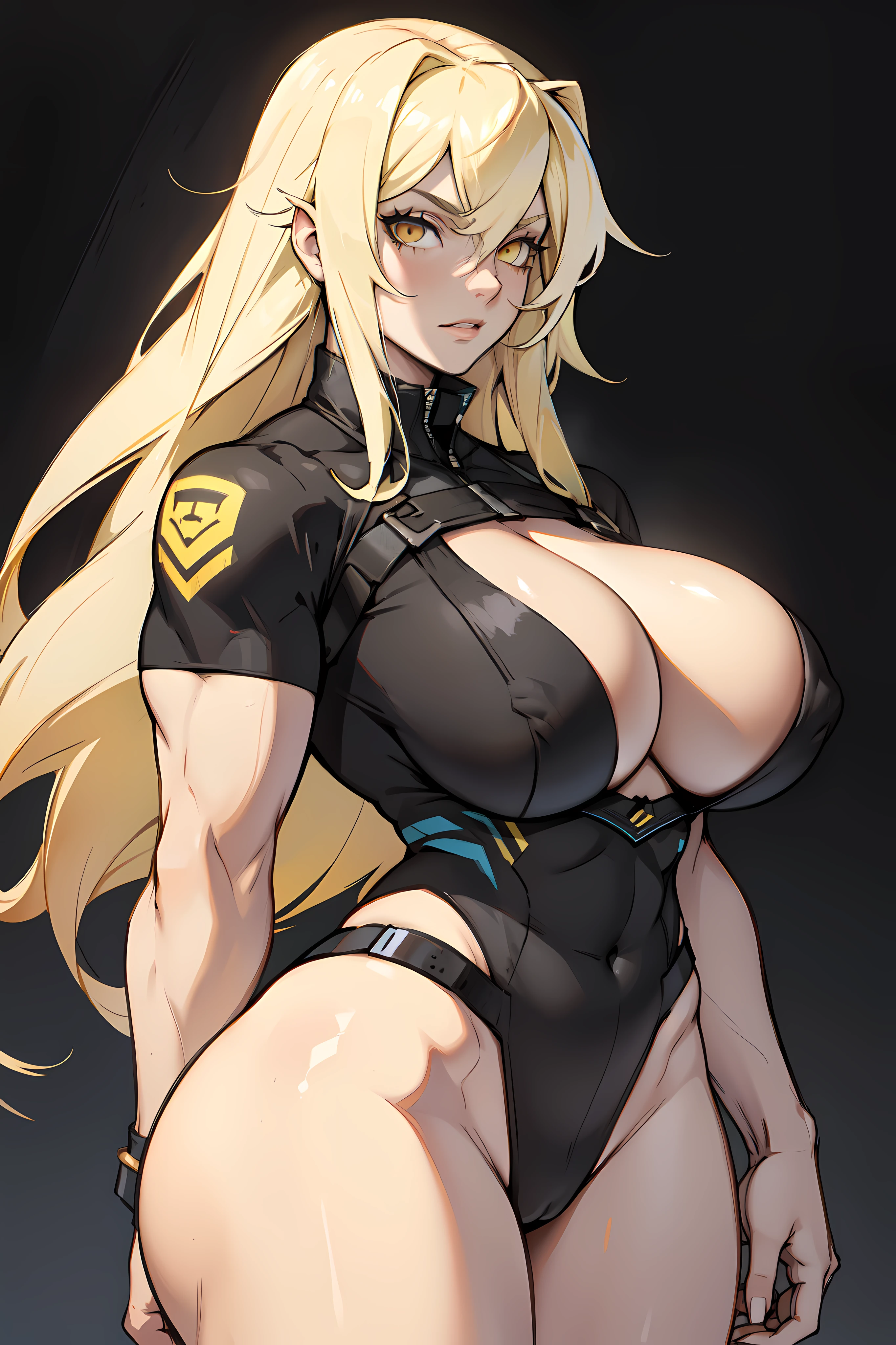 muscular girl huge breasts black long hair yellow eyes pale skin sidelocks