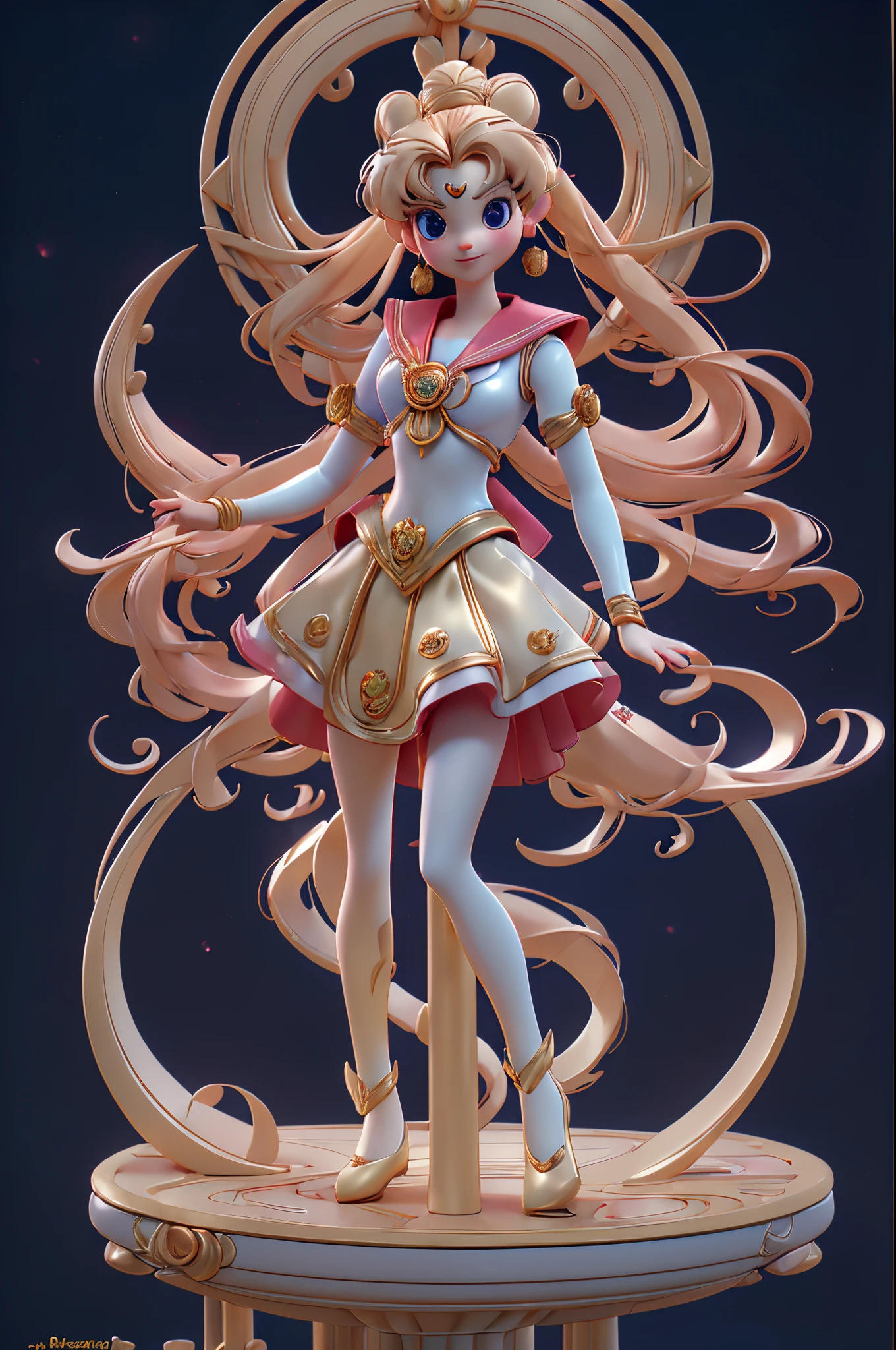 ((Sculpture design)),((((full body portrait of person)))),((undying)),((tmasterpiece)),Create a logo based on:((the sailor moon)),((Mariner Moon)), ((absurdly long golden hair)),((Double ponytail in gold)),((Parted bangalls in a bun)),((Red round hair accessories in bun)),(ssmile),((The content very detailed)),((Bright and harmonious colors)),((dressed in:blue collar,Sailor warrior,Blue super mini skirt)),((Puffy skirt)),((big chest and thin waist,long leges)),voluptuous figure,(Perfect woman),((Computer graphic arts)), ((s fractal art)), ((32K)), ((A high resolution)), ((hyper HD)), ((Professional Quality)), ((Perfect photography)), ((Ray traching)), ((perfect volumetric lighting)))), ((High quality octane rendering)), ((Complicated details)), ((ultra real photo)), ((フォトリアリスティック)), ((3Drenderingof)),((epic image)), (((Blind box toy style))), (( backgound)), ((Deep dark background)), ((with black background)),((Detailed faces)),((詳細な目)),((Clean skin)), ((correct hand)), ((Complete and beautiful five fingers)), ((anatomy correct)),((Add base:1.6),(Tangled pedestal)),((The role centered)),