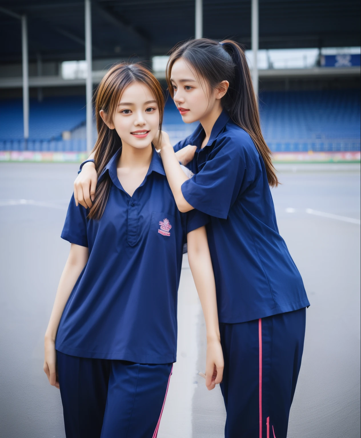 (bestquality,10,10,highres,masterpiece:1.2),ultra-detail,(Realistic,photorealistic portrait,photo-realistic:1.37),1 Cute girl in the football field,oily shiny skin,bara,light smile,BDclothelue shirt:1.3)),short sleeves,shirt, trousers.,(navy_long_Pants Track:1.1), ((Stadium Background:1.3)),dynamic angle,excited,face focus,Dynamic Poses,from behide,Ass Focus,masterpiece, bestquality, ultra realistic, hyper-detail, 8k resolution, RAW photo, crisp focus, ((Navy blue shirt:1.1)), short sleeves, Long Path, Perfect body, 2 mature women, 18yo, cinematic light,Blue sweatpants,Gymware,Correct anatomy,Complete body, Correct body, sharp face, Anatomically correct body, full entire body, Realistic gestures, long-haired, Realistic poses,Wear long shorts.................................,Long leg span,Shapely,Sculpting Girl, Slender Figure, mannequin mannequins, Shapely, Beautiful body,Blue sweatpants, Two girls kissing