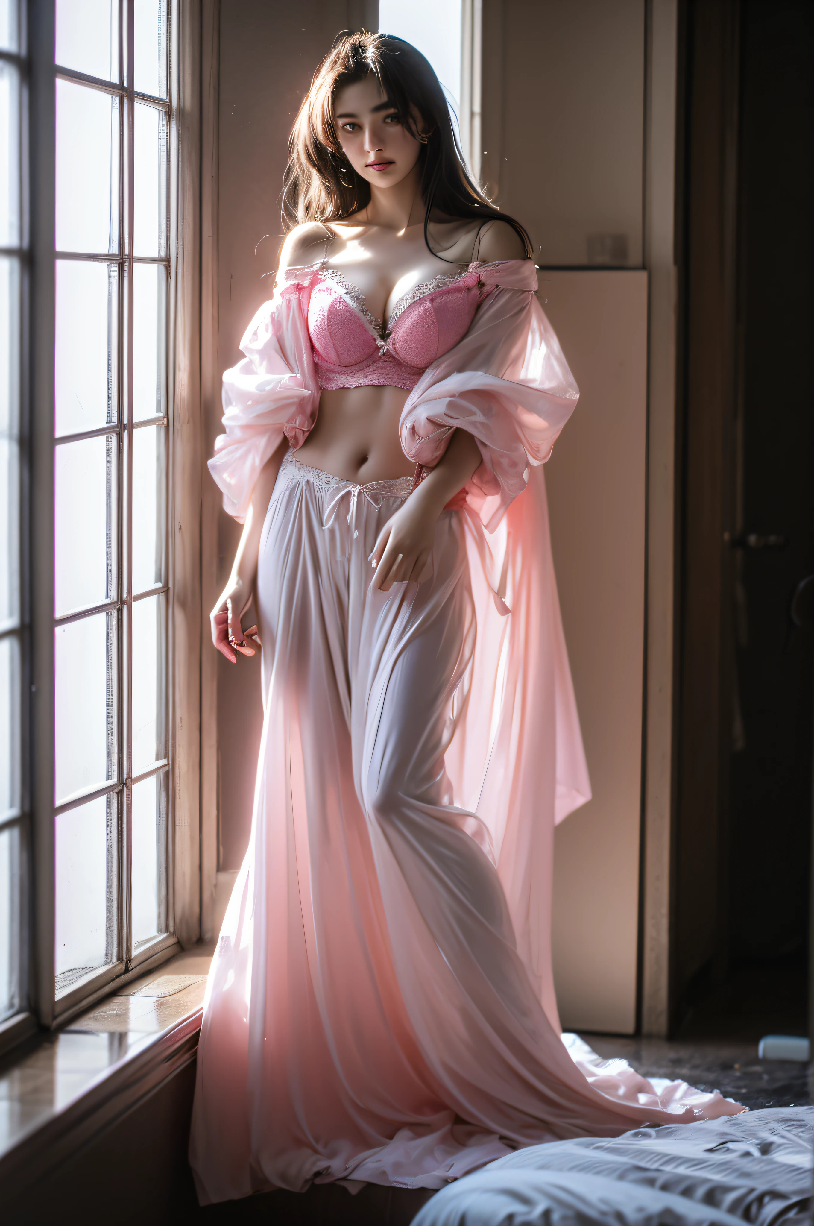 in a bathroom,wet,Charming eyes,Heartwarming action,Turn your face away from the camera,stooped,Bend over,turn back,Look up at your head,transparent silk pajamas ,thick long hair,Highly detailed body,Highly detailed face,best qualtiy,(Pink bra),(Off-shoulder open-front translucent blouse),Full Body Angle