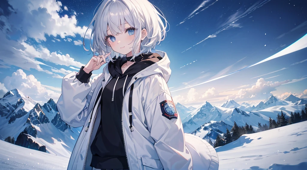 Ultra-high image quality,Look at viewers, hands behind back, girl with, 20 years old, Very short hair, long bangs between eyes, pale blue eyes, Hoodie, Skirt , Extremely detailed,(​masterpiece、top-quality)、report、White hair、A smile、White skin as clear as snow、Fantastical, Silver hair, Black eyes, Beautiful eyes,, Ecstasy, charmed, be smitten with audience, Hoodie, White hoodie,a black skirt,Hair is short,look down from above,(masutepiece, Best Quality:1.1),report, 1girll, Curve,White jacket, Casual style,Open jacket, Fluttering hair、a small face、hason、Bright smile、(parka、white sneaker fingers、Human hand)、(Detailed face) 、(top-quality: 1.4、tmasterpiece、 hyper HD、 Top resolution,、Very detailed、 profetional lighting、 Gray Light Lighting,fantastic landscape, Sunlight,Shoulder out