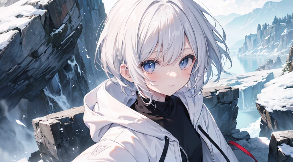 Ultra-high image quality,Look at viewers, hands behind back, girl with, 20 years old, Very short hair, long bangs between eyes, pale blue eyes, Hoodie, Skirt , Extremely detailed,(masterpiece、top-quality)、report、White hair、A smile、White skin as clear as snow、Fantastical, Silver hair, Black eyes, Beautiful eyes,, Ecstasy, charmed, be smitten with audience, Hoodie, White hoodie,a black skirt,Hair is short,look down from above,(masutepiece, Best Quality:1.1),report, 1girll, Curve,White jacket, Casual style,Open jacket, Fluttering hair、a small face、hason、Bright smile、(parka、white sneaker fingers、Human hand)、(Detailed face) 、(top-quality: 1.4、tmasterpiece、 hyper HD、 Top resolution,、Very detailed、 profetional lighting、 Gray Light Lighting,fantastic landscape, Sunlight,Shoulder out