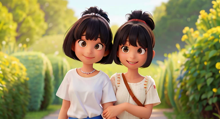 There are two girls wearing Pixar style pieces..She is wearing a piece and smiling. The girl on the left has her black hair in a ponytail.,wearing black short sleeves, The girl on the right has semi-long black hair.,wearing a white short-sleeved shirt.Blue background