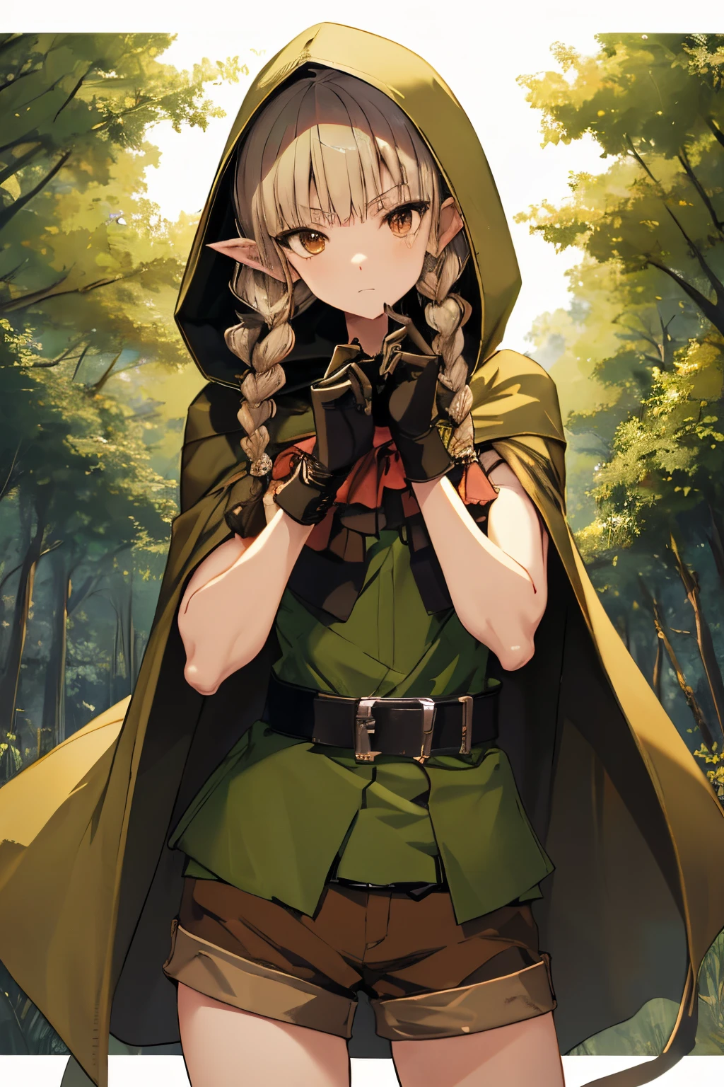 masutepiece, Best Quality, dcElf, Twin braids, hoods, Brown cloak, green tunic, gloves, Belt bag, Brown shorts, Cowboy Shot, Serious, forest, Looking at Viewer,Hold the bow