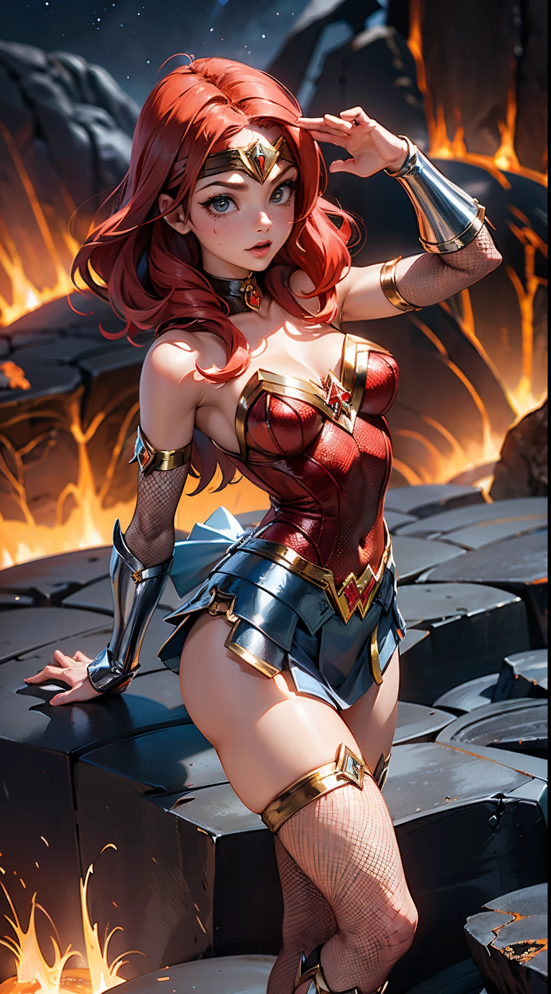 Ariana Grande vestida de super girl , Hermosa Wonder woman, (Llevar uniforme de super girl), japanese Hermosa,Wonder woman! vestido, Chica de anime con disfraz de super gothic, vestido de Wonder woman, (Traje de super girl, Wonder  woman en la Tierra de las Maravillas:1.4), a sexy maid in a magical forest, Disfraz de sirvienta, Sirvienta, Anime Cat Girl en un disfraz de sirvienta,Medias hasta los muslos, (rocas grandes Lava volcano colors :1.4), ,More detailed 8K.motor irreal:1.4,UHD,La mejor calidad:1.4, fotorrealista:1.4, textura de la piel:1.4, obra maestra:1.8,obra-prima, mejor calidad,objeto Objeto], (detailed face features:1.3), (Ojos hermosos azules), (Perfect anatomy), (mostrando panties White1.4),(convexo Dedos de camello),(cabello rojo largo:1.4),(fishnet:1.4),(sexy traje lingerie encaje), Babydoll sexy violet  ,(rocas gigantes Lava volcano:1.4),rocas, (pose de vaquero ),(botas altas muslos red)