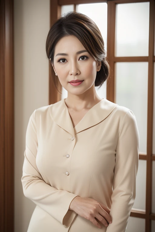 masuter piece, top-quality, masterpiece, hight resolution, Photorealsitic, Raw photography, 8k wallpaper, flawless, profetional lighting, ighly detailed, depth of fields,Pale solid color background, ((Japanese mature woman in her 60s)), chubby figure, Female sexy, Detailed face, beautidful eyes, bangss, large full breasts, Light brown ponytail, Faint lips, ((stand facing the center of the screen, Staring at the viewer, Serious face)),Business Wear, foot out of frame, Looking at Viewer, cowboy shot