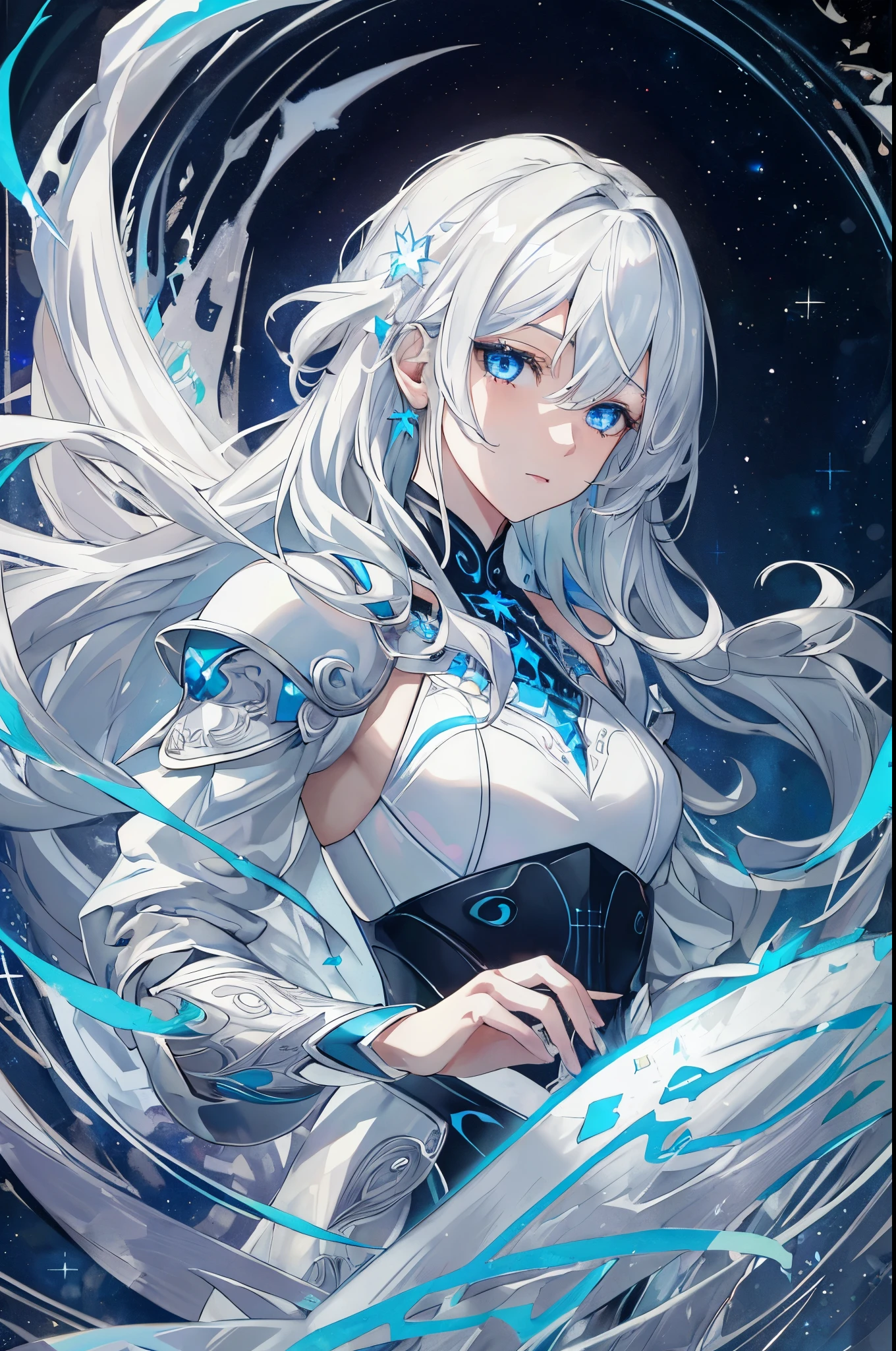 best quality outline white_hair/blue_eyes white dragon,{{{best quality}}}, {{masterpiece}}, {{ultra-detailed}},{detailed light}, (an extremely delicate and beautiful), solo,{knight},[illustration],Charming,{{handsome}}, upper body,   (beautiful detailed eyes), stars in the eyes,  , [Galaxy], depth of field,{{better eyes}}