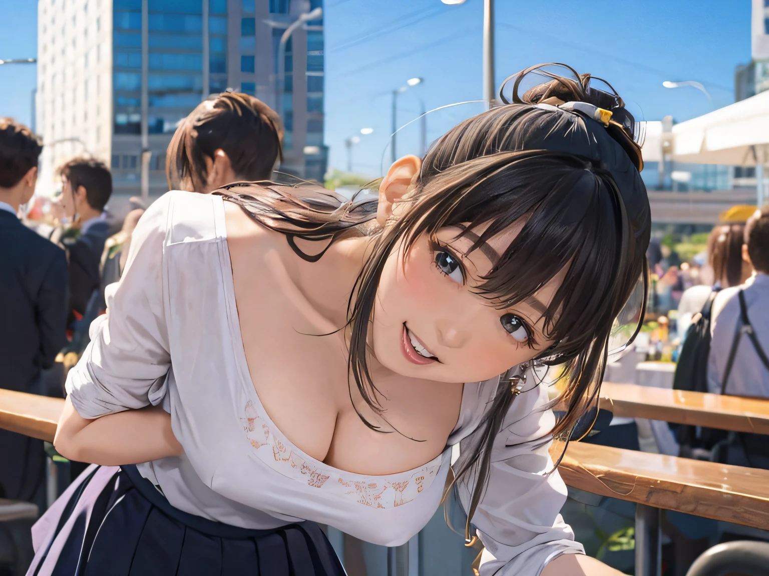 (anime background), a women, ((the shirt transparent and I can see the bra)), (blush), (detail panties are visible), skirt, (straddling to hit her cute moist panties on the flat metal bar), ((ecstasy face)), slut, ((emphasize the shape of the breasts)), open legs, raise leg, open mouth, (masturbation), downtown, place where many people, sky, moist clothes, hair up