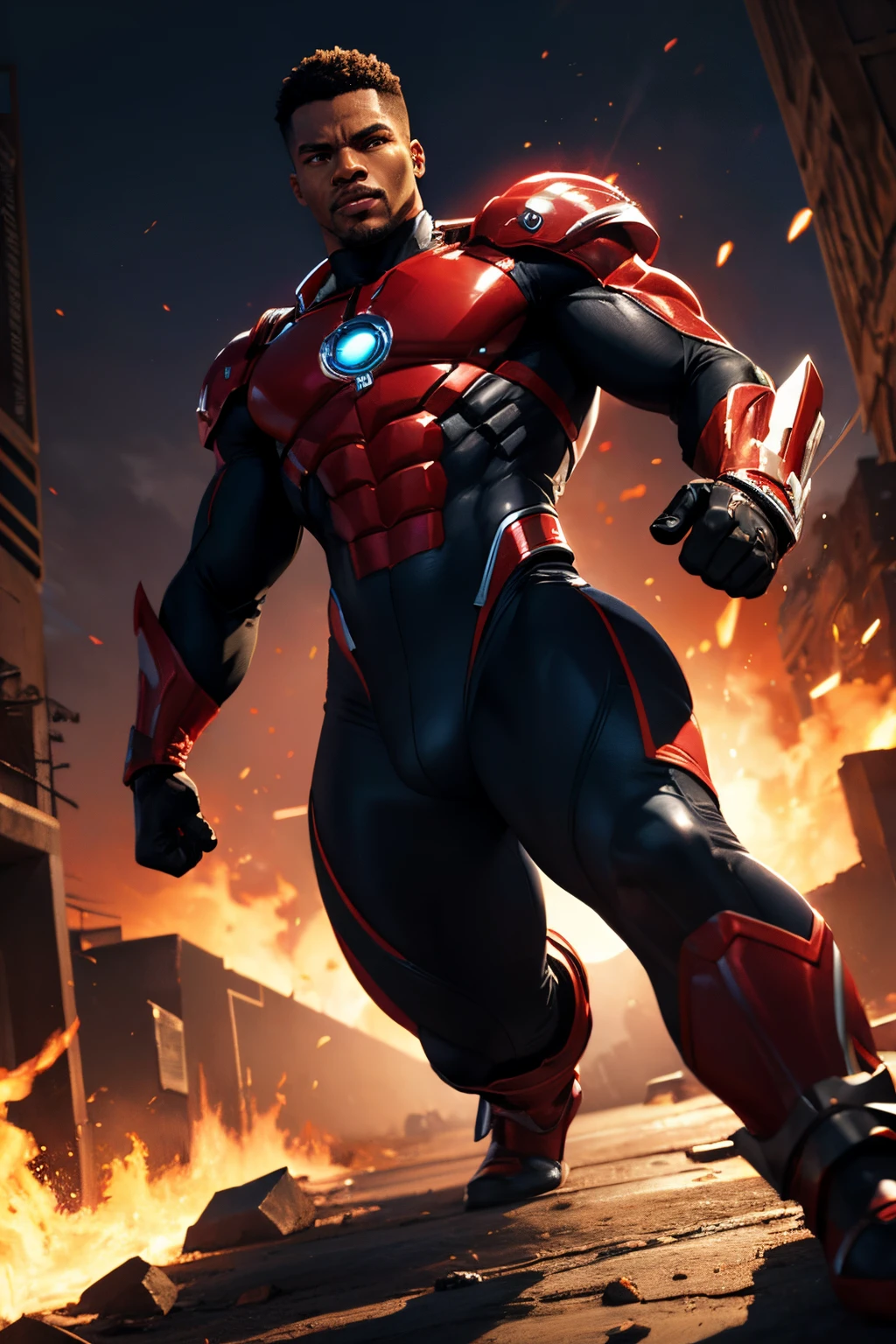 "(melhor qualidade, Altas, Realistic:1.37), black MALE superhero with black power, tema neon, roupas de cor vermelha , (cor) luz emitida pelos olhos dela, chest, Hands, and feet, cores vibrantes, Pose forte e confiante, Dynamic background"