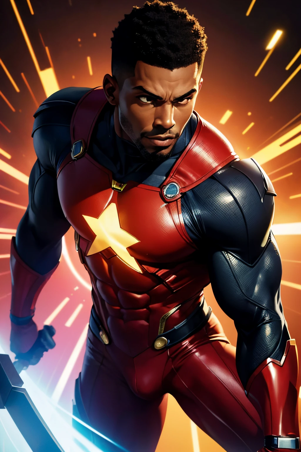 "(melhor qualidade, Altas, Realistic:1.37), black MALE superhero with black power, tema neon, roupas de cor vermelha , (cor) luz emitida pelos olhos dela, , Hands, and feet, cores vibrantes, Pose forte e confiante, Dynamic background"