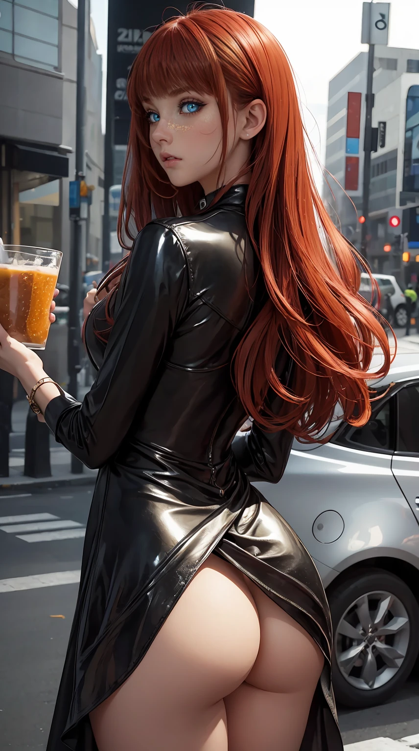 8K, Ultra High Definition, Super detailed, young girl of 18 years, Shiny detailed hair, detailed face, normal landscape, solo, looking at viewer, {{best quality}}, {{masterpiece}}, {{ultra-detailed}}, {detailed light}, ultra high quality eyes, detailed eyes, perfect eyes, large eyes, yellow eyes, wearing a metallic dress, red hair, long hair, beautiful, skinny body, White skin, slutty, erotic, blushing, open mouth, showing the butt, ((nsfw))