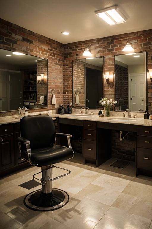 /imagine prompt: Barber shop garage  retro, matelasse, polished, stained, brushed, black bean color, black, dark colors, sweet colors, acrylic, brick, ceramic, vinyl, soft lighting, jeanne gang, ludwig mies van der rohe)