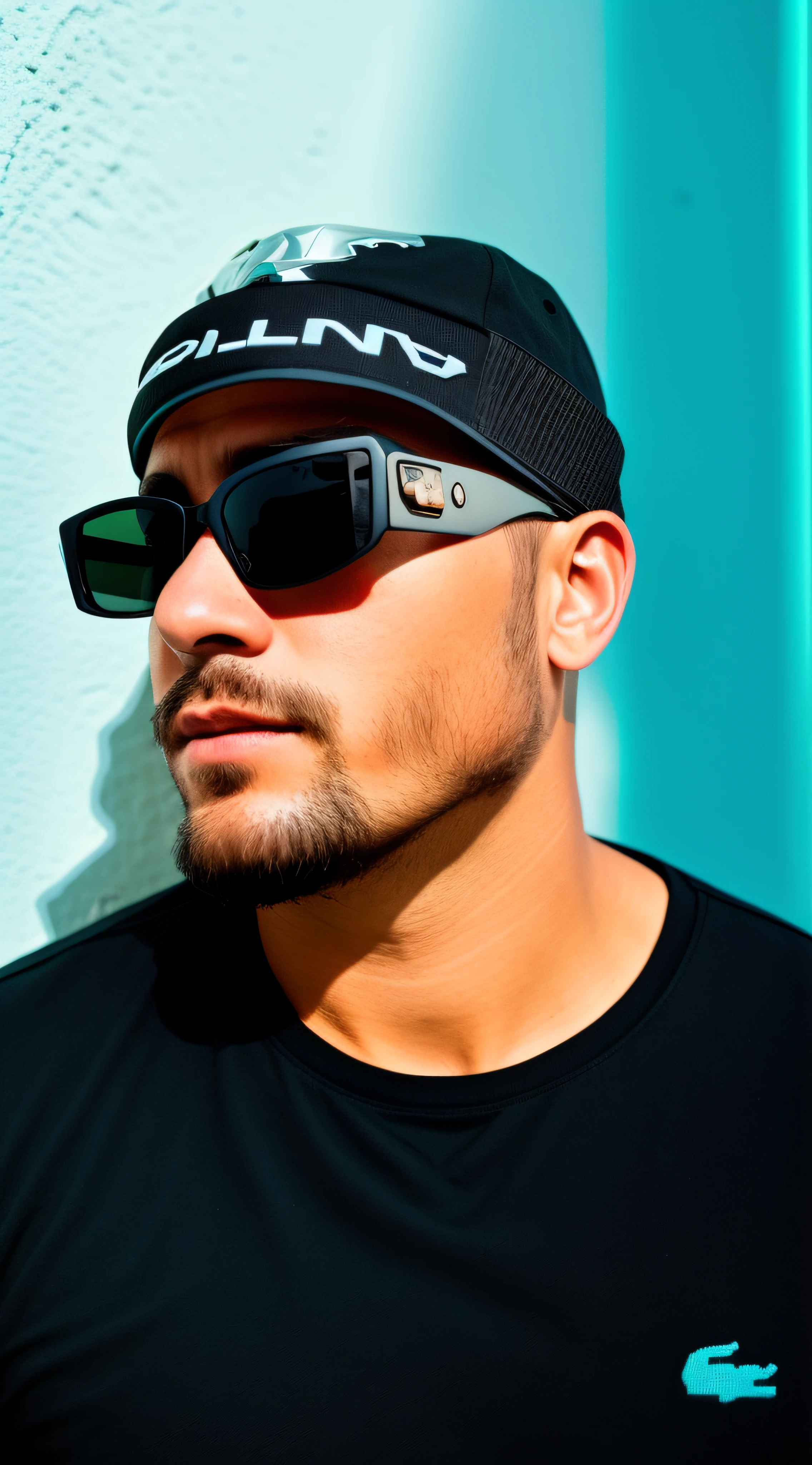 there is a man wearing a hat and sunglasses in front of a wall, futuristic sunglasses, cyberpunk sunglasses, thick sunglasses, wearing versace sunglasses, wearing glack glasses, wearing shades, implanted sunglasses, wearing black frame glasses, futurisitc sunglasses, cyberpunk eye wear, olhando heckin legal e elegante, usando um adesivo sobre um olho, com blusa de frio Retrato tirado 8 K