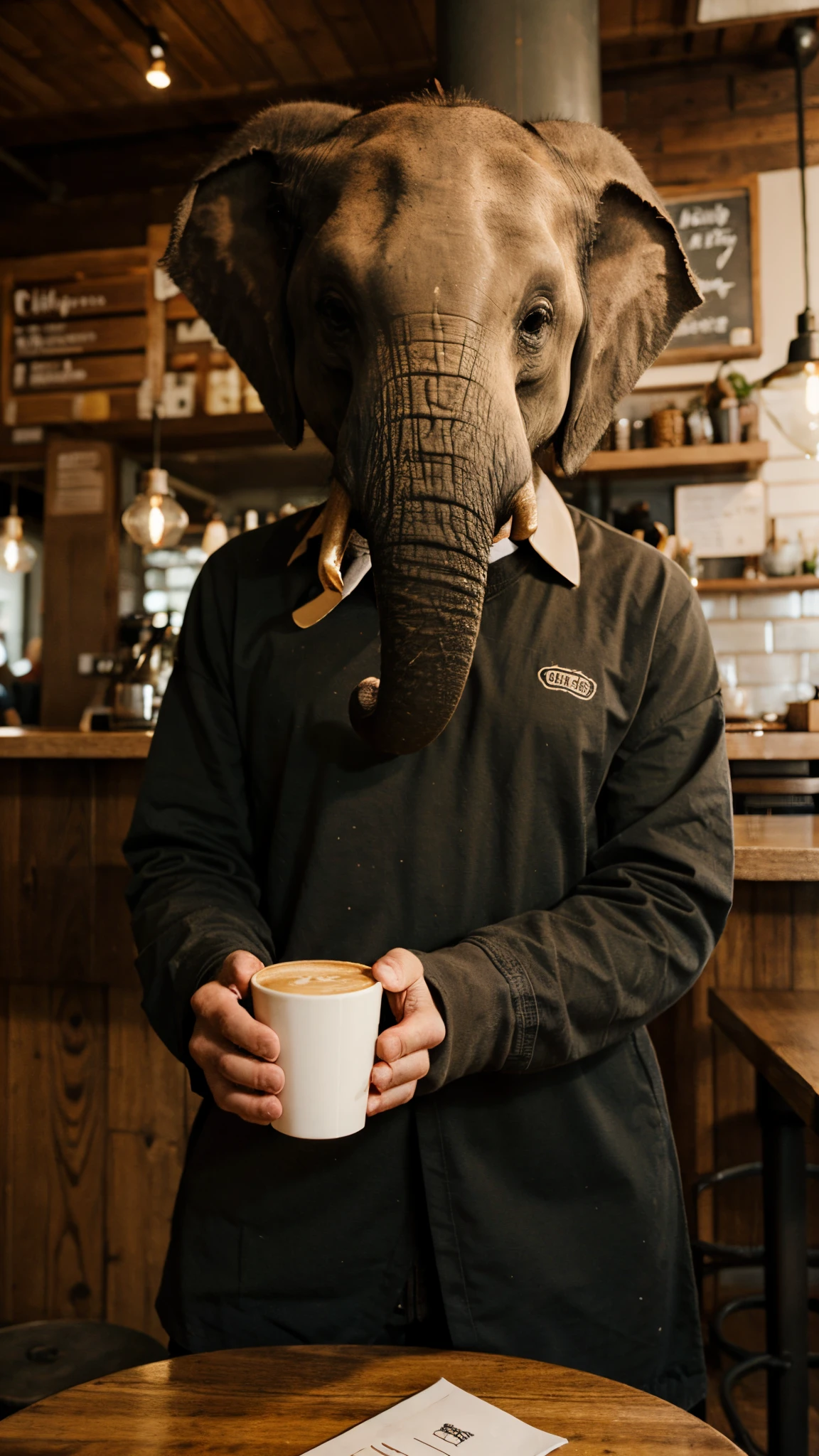 An anthropomorpic elephant working at a cafe