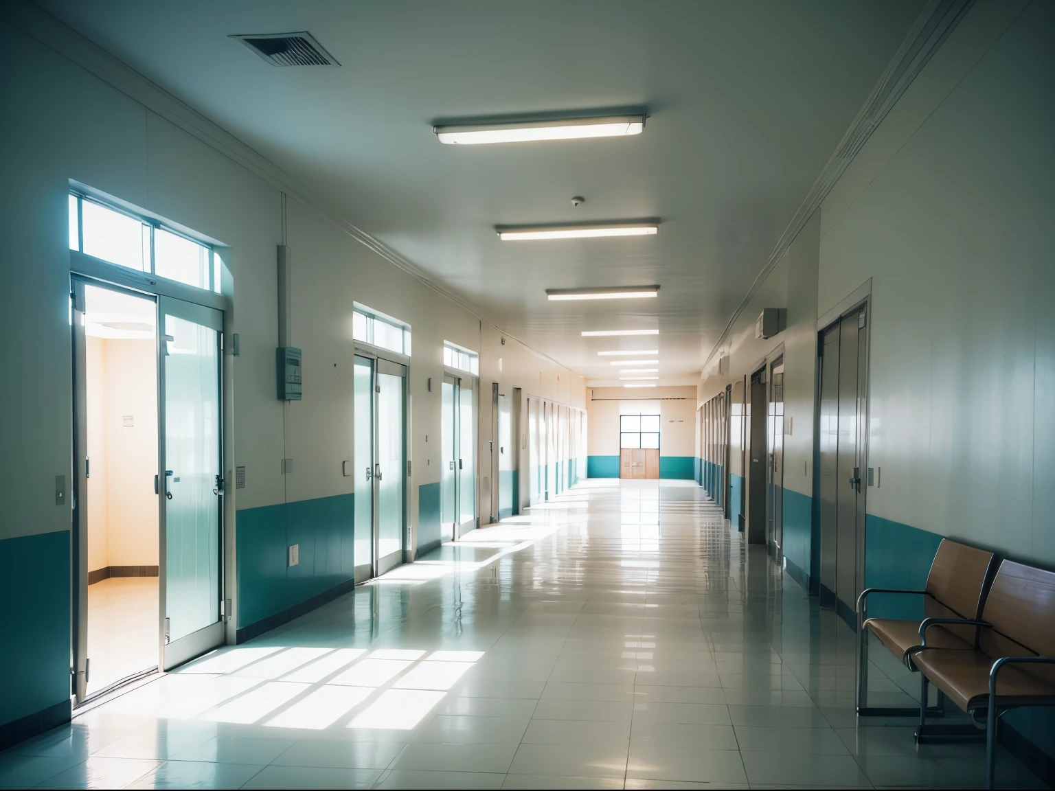 Corredor de um hospital, paredes brancas. Imagem realista, alta qualidade.